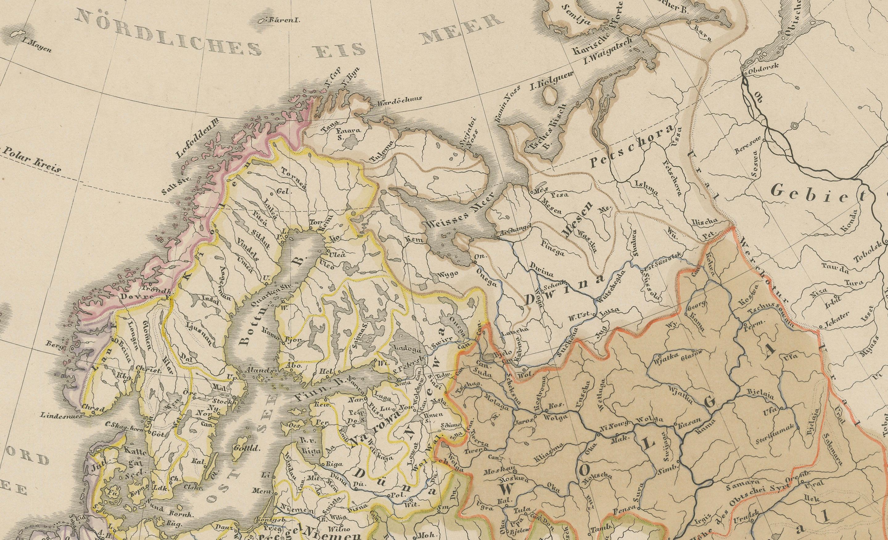 XIXe siècle Carte d'Europe - Rivières, bassins versants et altitude, publiée en 1857 en vente