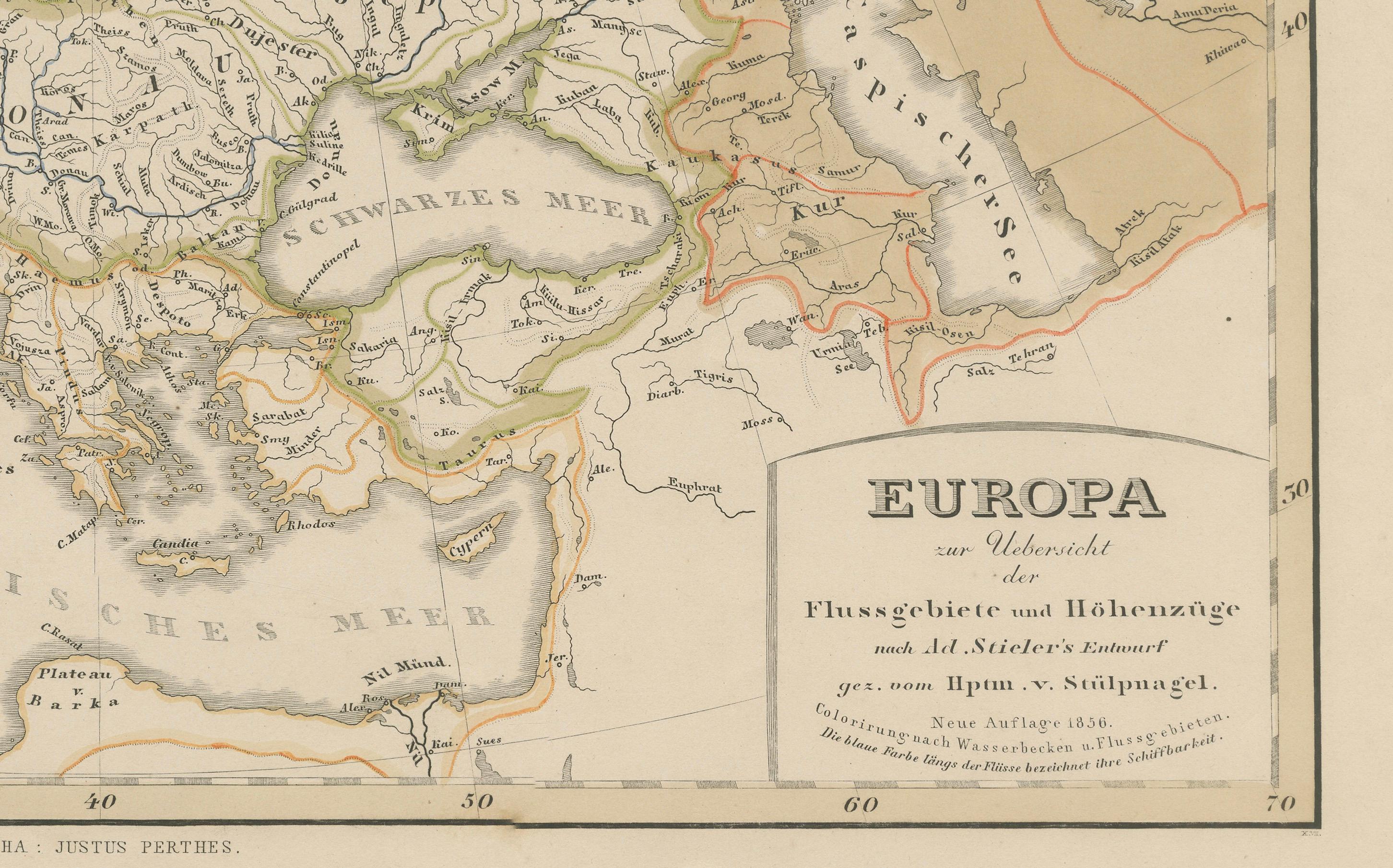 Papier Carte d'Europe - Rivières, bassins versants et altitude, publiée en 1857 en vente