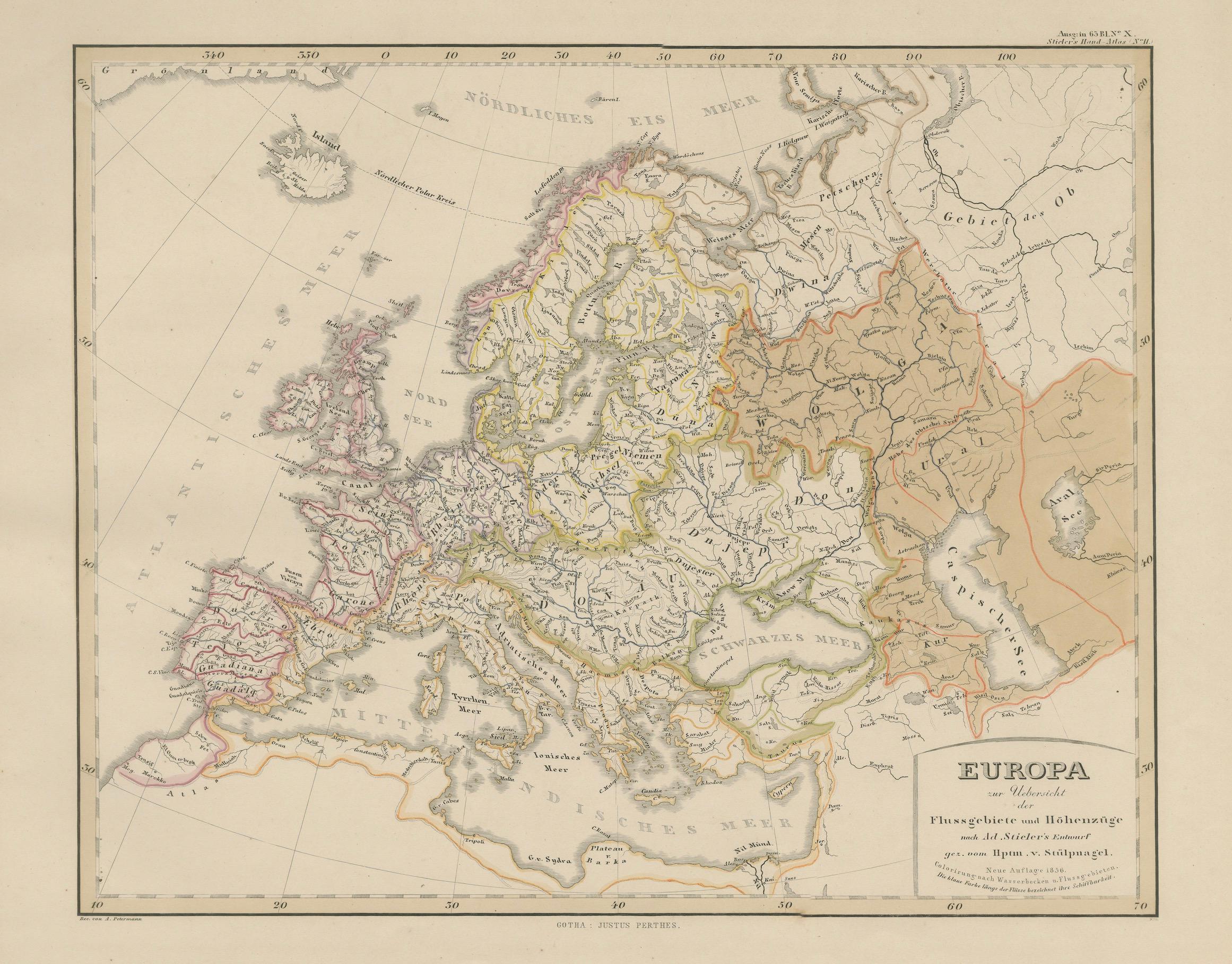 Carte d'Europe - Rivières, bassins versants et altitude, publiée en 1857 en vente 1