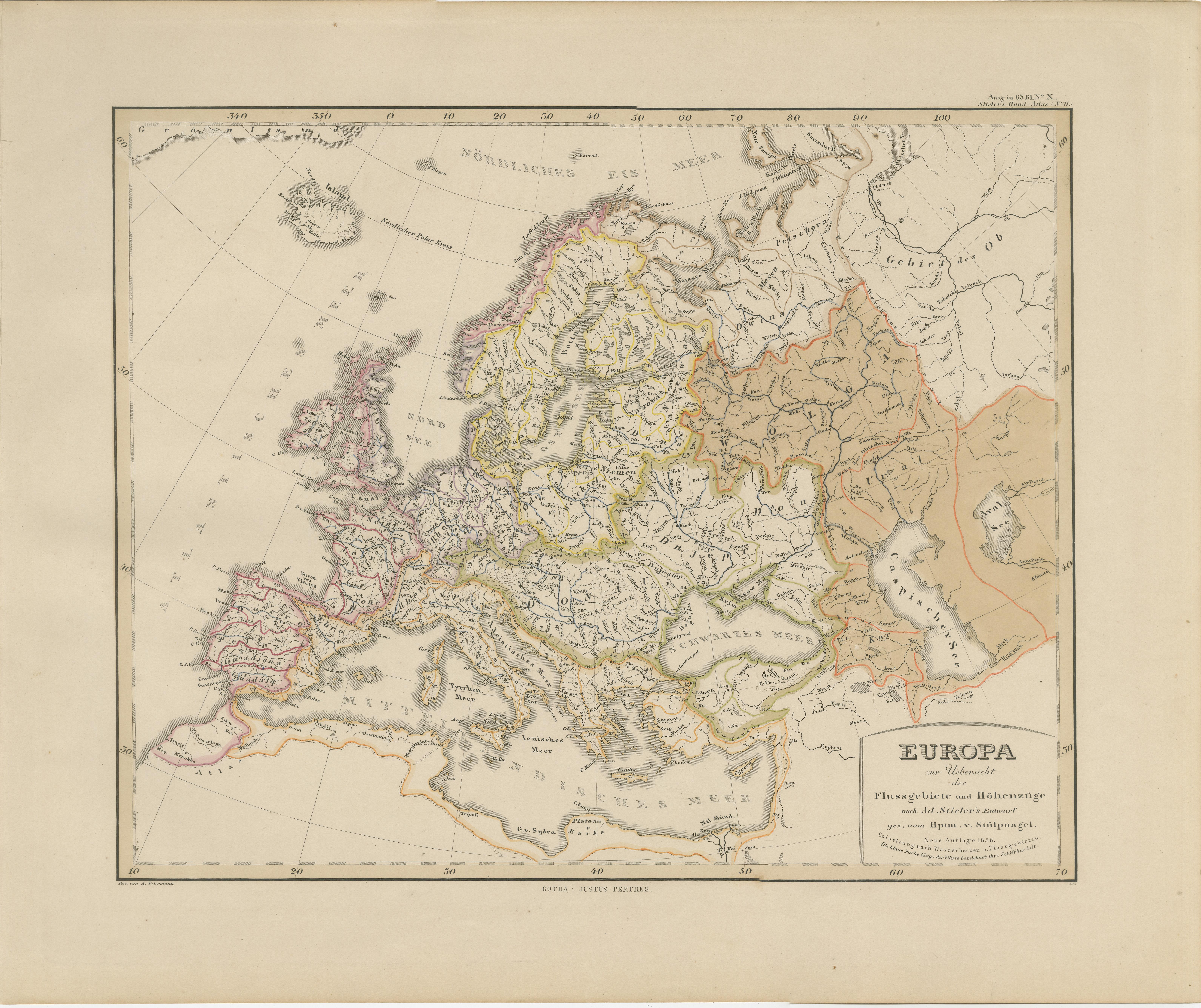 Carte d'Europe - Rivières, bassins versants et altitude, publiée en 1857 en vente 2
