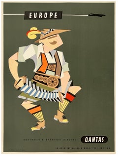 EUROPA QANTAS Original Vintage Airline Travel Tourism Poster MCM 15" x 20"