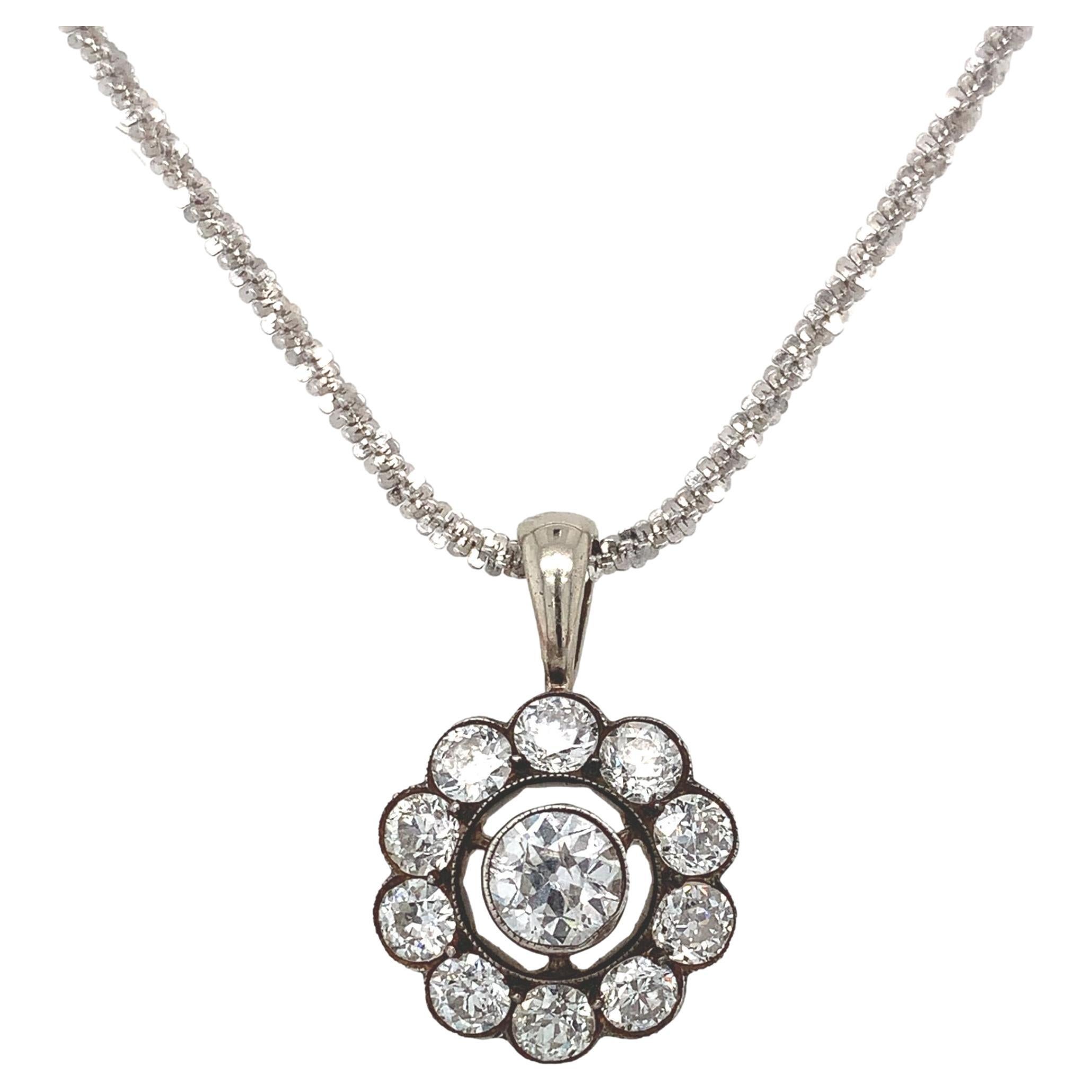 European 14K Gold and Silver Rosette Diamond Pendant