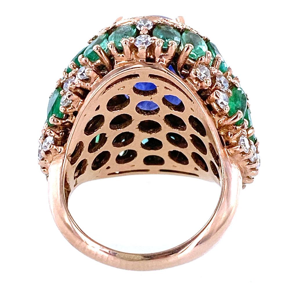 Retro 15 Carat Tanzanite Diamond Emerald Cocktail Ring 9 Karat Rose Gold