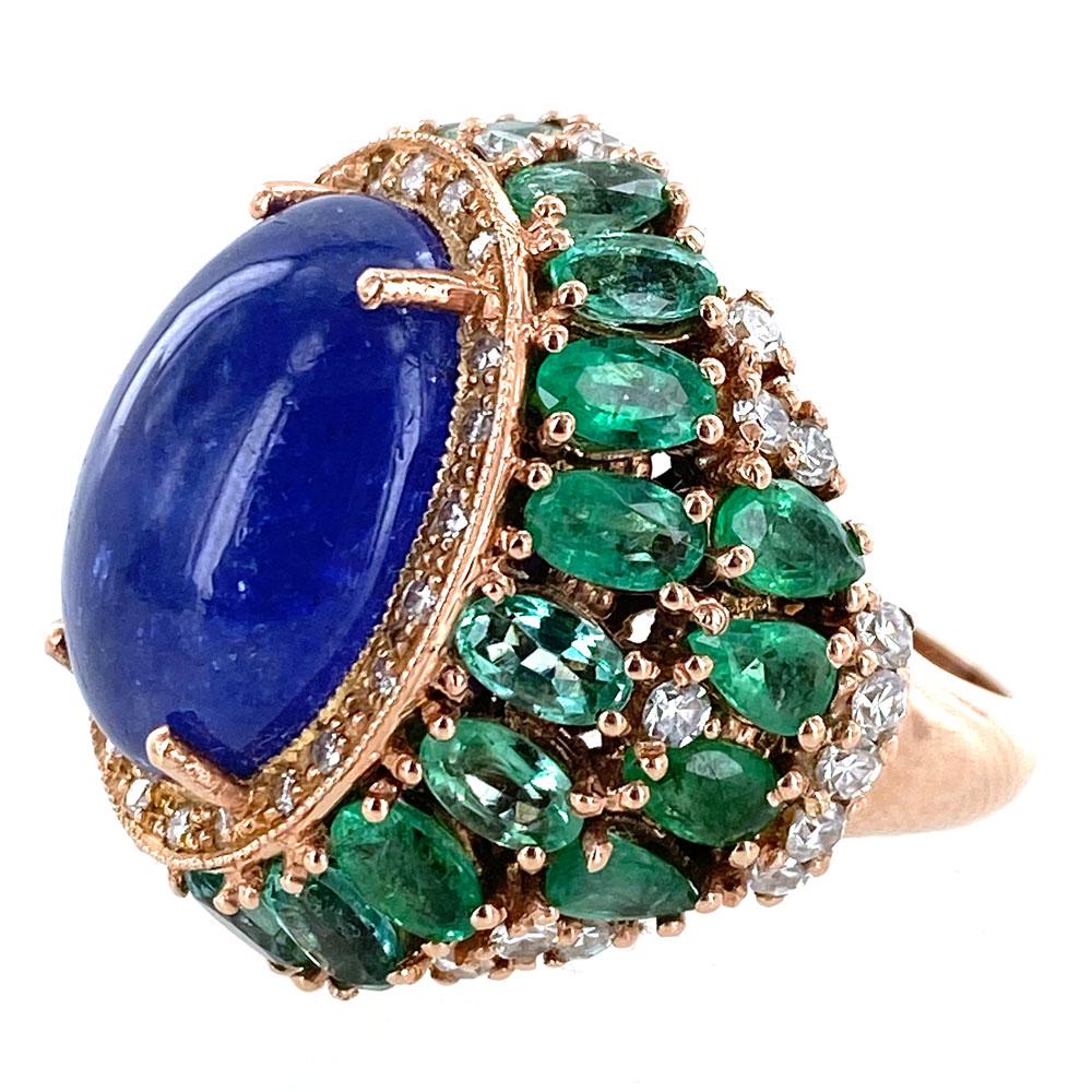 Oval Cut 15 Carat Tanzanite Diamond Emerald Cocktail Ring 9 Karat Rose Gold