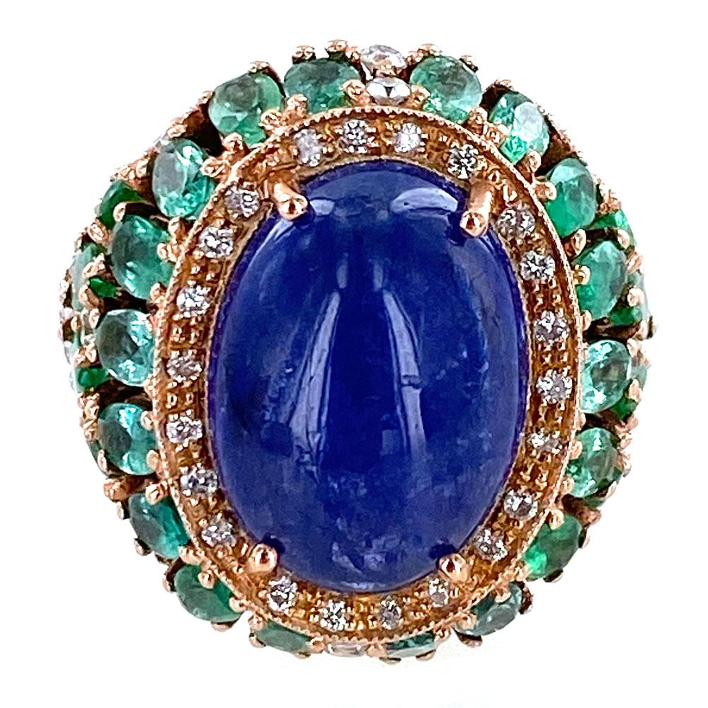 15 Carat Tanzanite Diamond Emerald Cocktail Ring 9 Karat Rose Gold In Excellent Condition In Boca Raton, FL