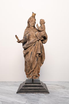 European 16th Century Hand Carved Wooden Virgin Mary Polychrome Statue