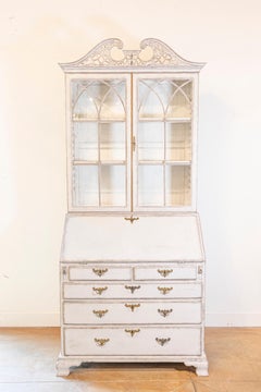 European 1790s Rococo Tall Vitrine Secrétaire with Carved Scrolled Pediment