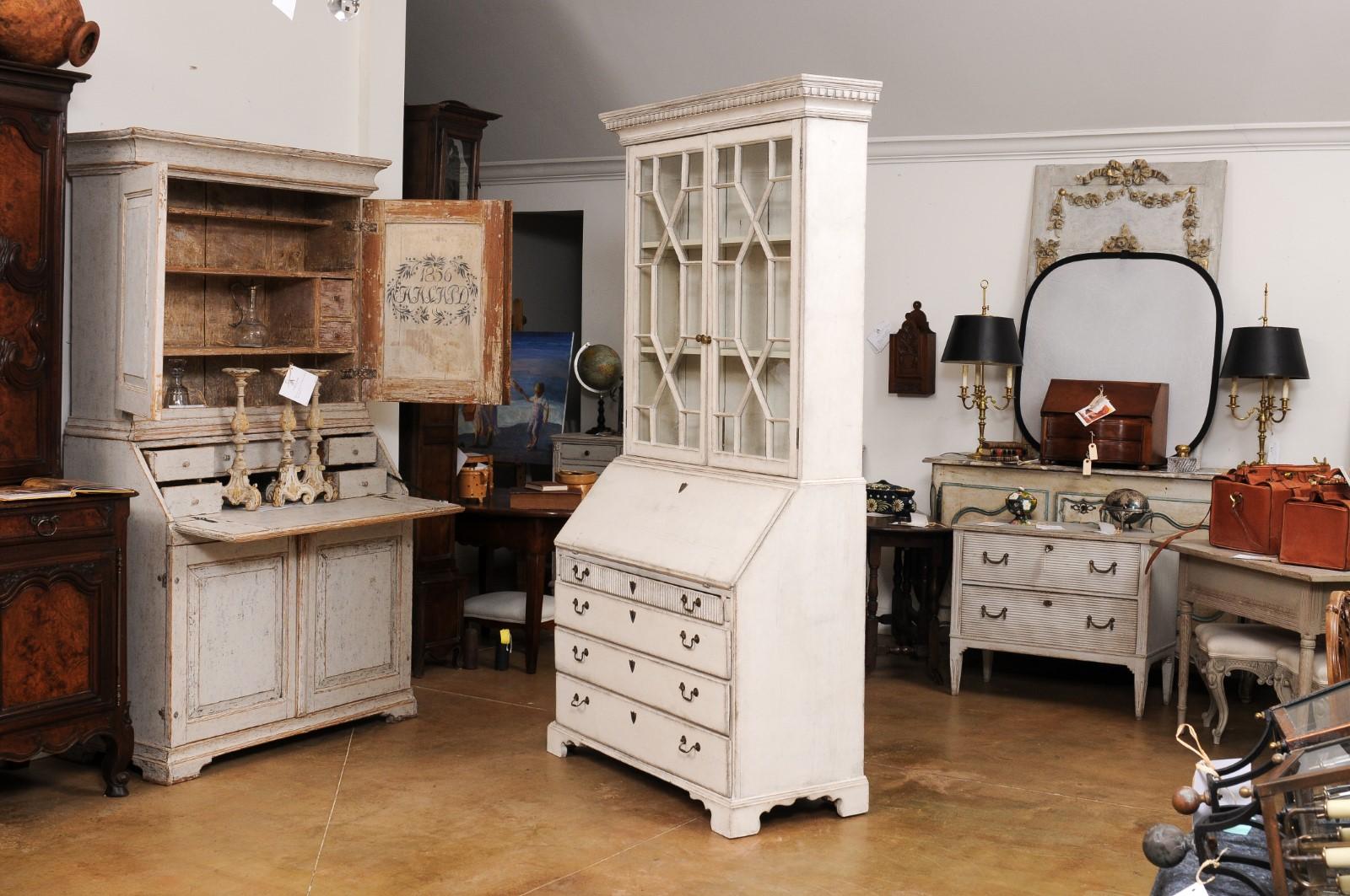European 1790s Two-Part Tall Secretary with Glass Doors and Slant Front Desk For Sale 6