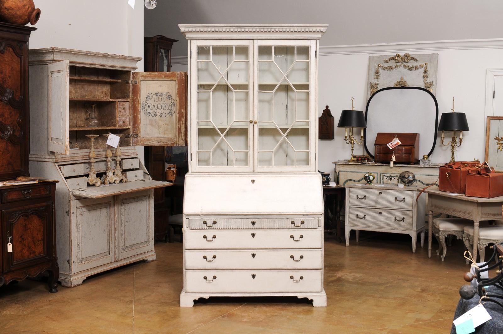 European 1790s Two-Part Tall Secretary with Glass Doors and Slant Front Desk For Sale 7