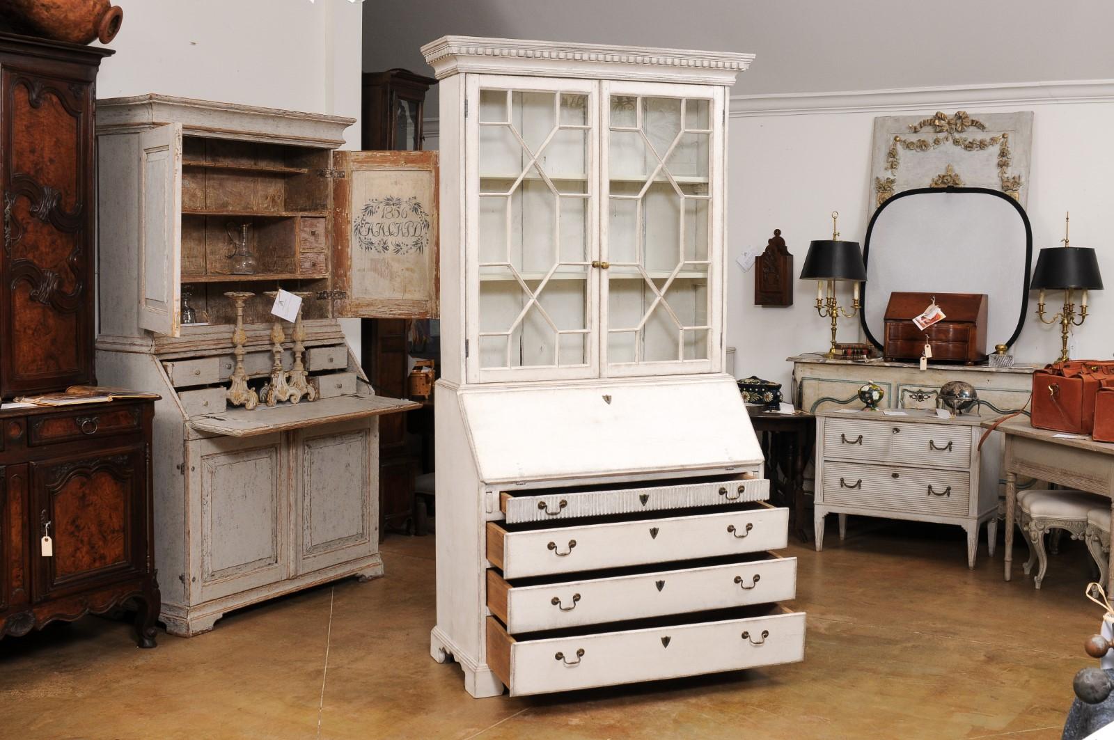 European 1790s Two-Part Tall Secretary with Glass Doors and Slant Front Desk In Good Condition For Sale In Atlanta, GA
