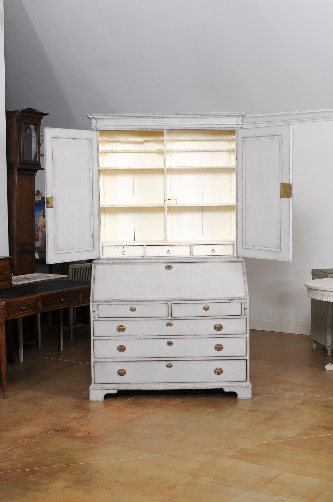 19th Century European 1800s Two-Part Painted Wood Secretary with Slanted Front Desk For Sale