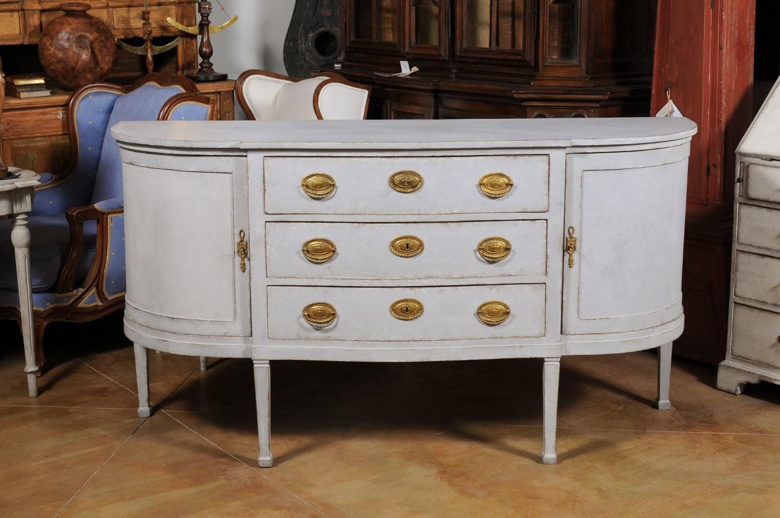 European 1830s Painted Demilune Sideboard with Three Drawers and Rounded Doors For Sale 5