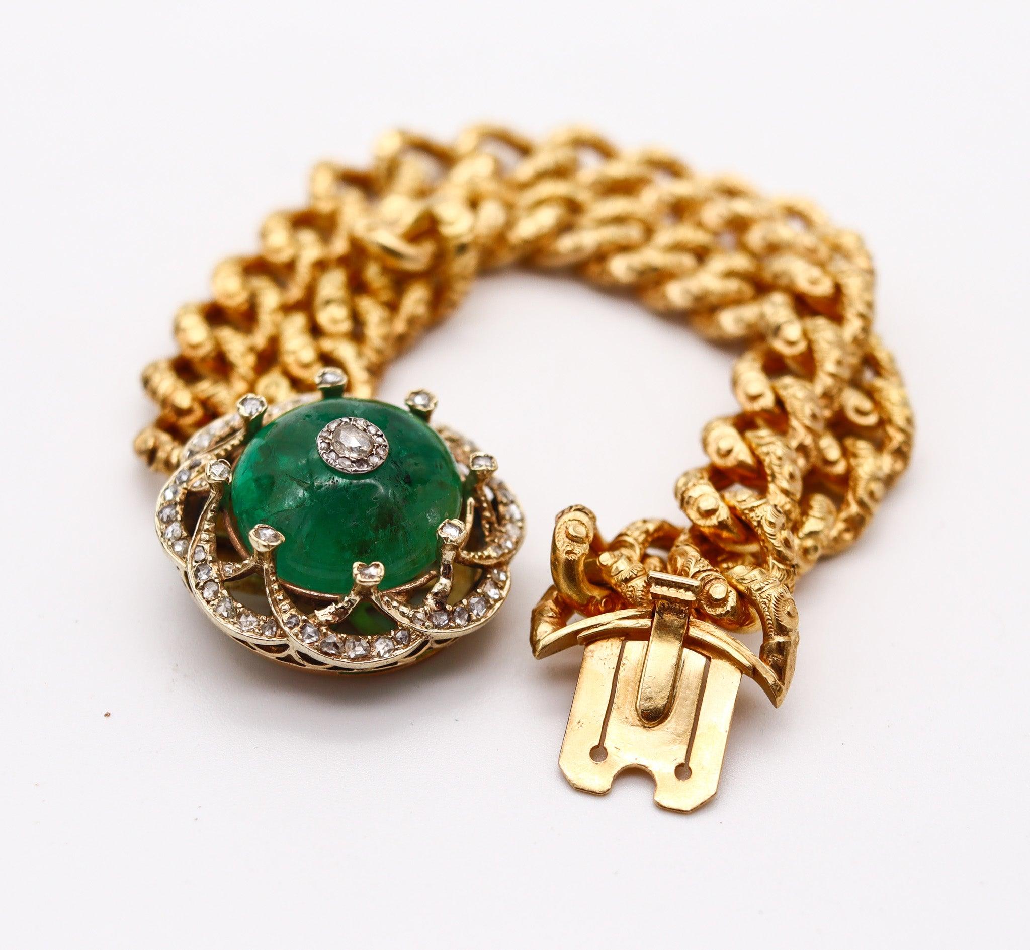 EUROPEAN 1860 Victorian Bracelet In 16Kt Gold With 33.10 Ctw Emerald & Diamonds 5