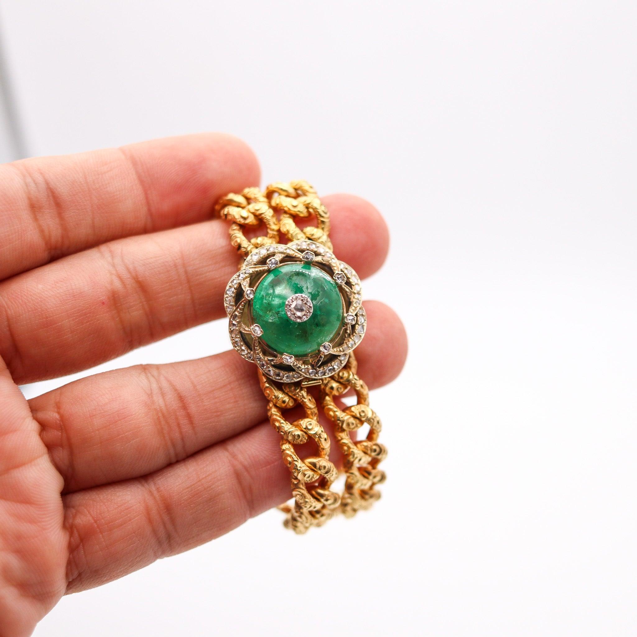 EUROPEAN 1860 Victorian Bracelet In 16Kt Gold With 33.10 Ctw Emerald & Diamonds 6