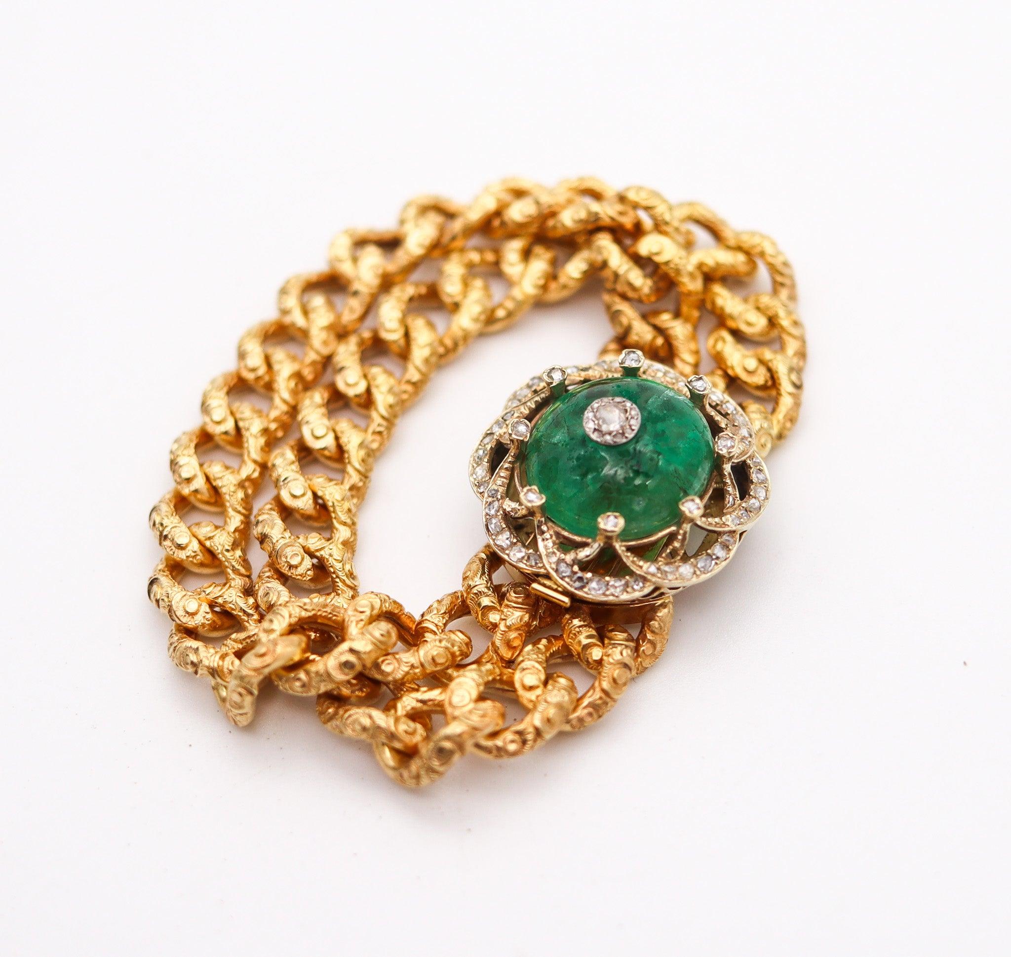 Cabochon EUROPEAN 1860 Victorian Bracelet In 16Kt Gold With 33.10 Ctw Emerald & Diamonds