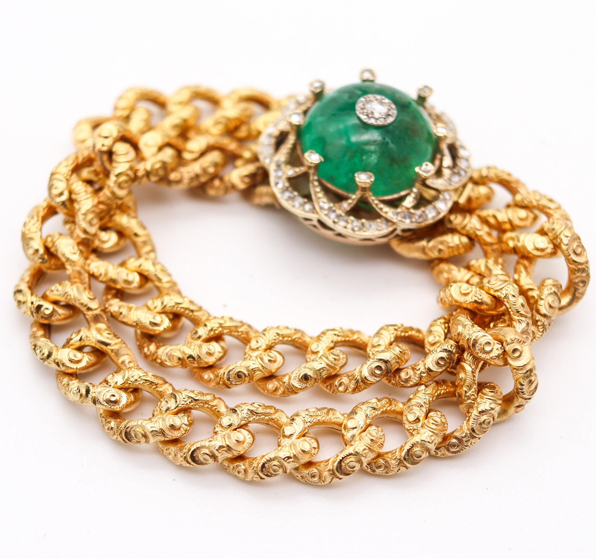 EUROPEAN 1860 Victorian Bracelet In 16Kt Gold With 33.10 Ctw Emerald & Diamonds In Excellent Condition In Miami, FL