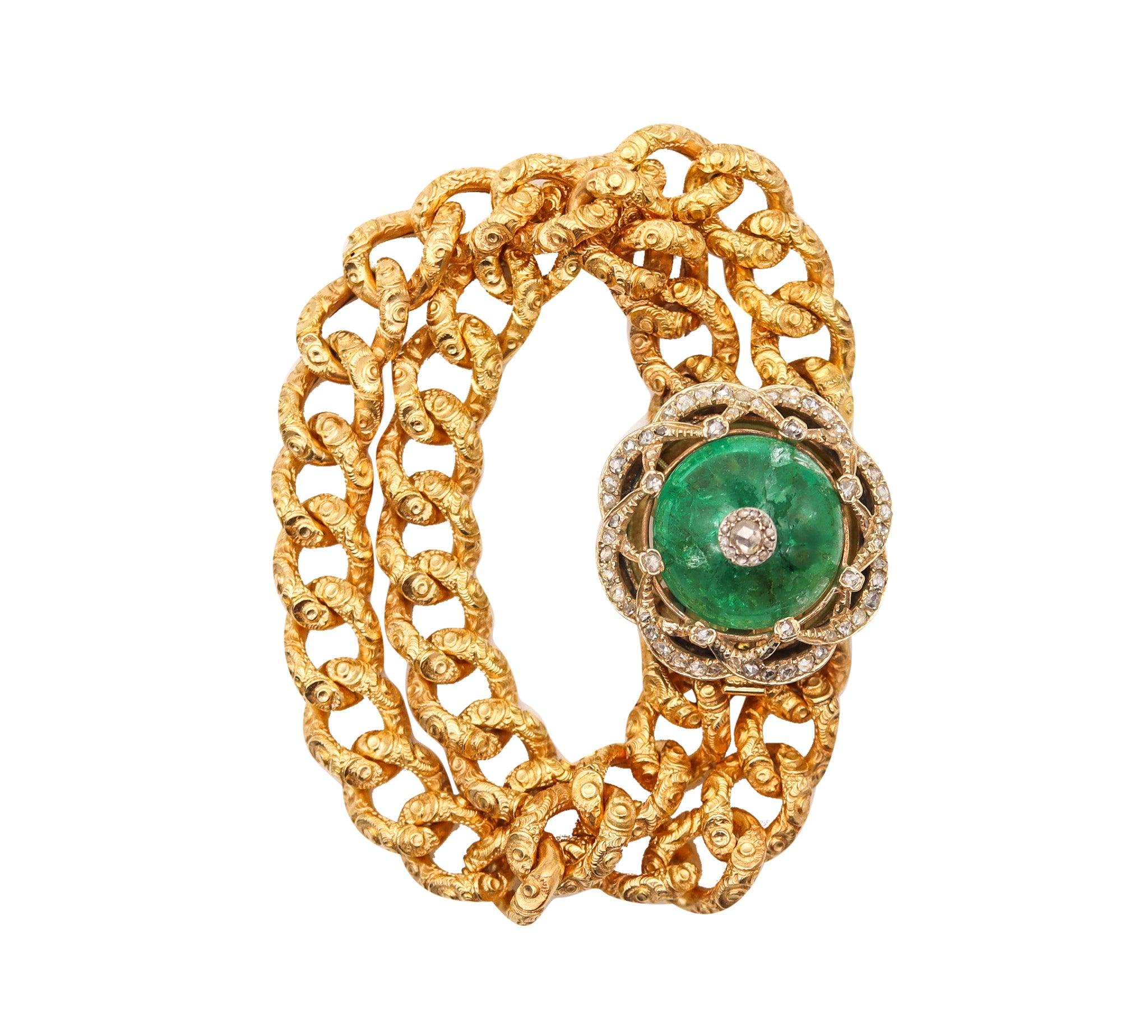EUROPEAN 1860 Victorian Bracelet In 16Kt Gold With 33.10 Ctw Emerald & Diamonds 2