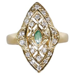 European 18k Gold Marquise Ring with Emerald and Brilliant-Cut Diamonds