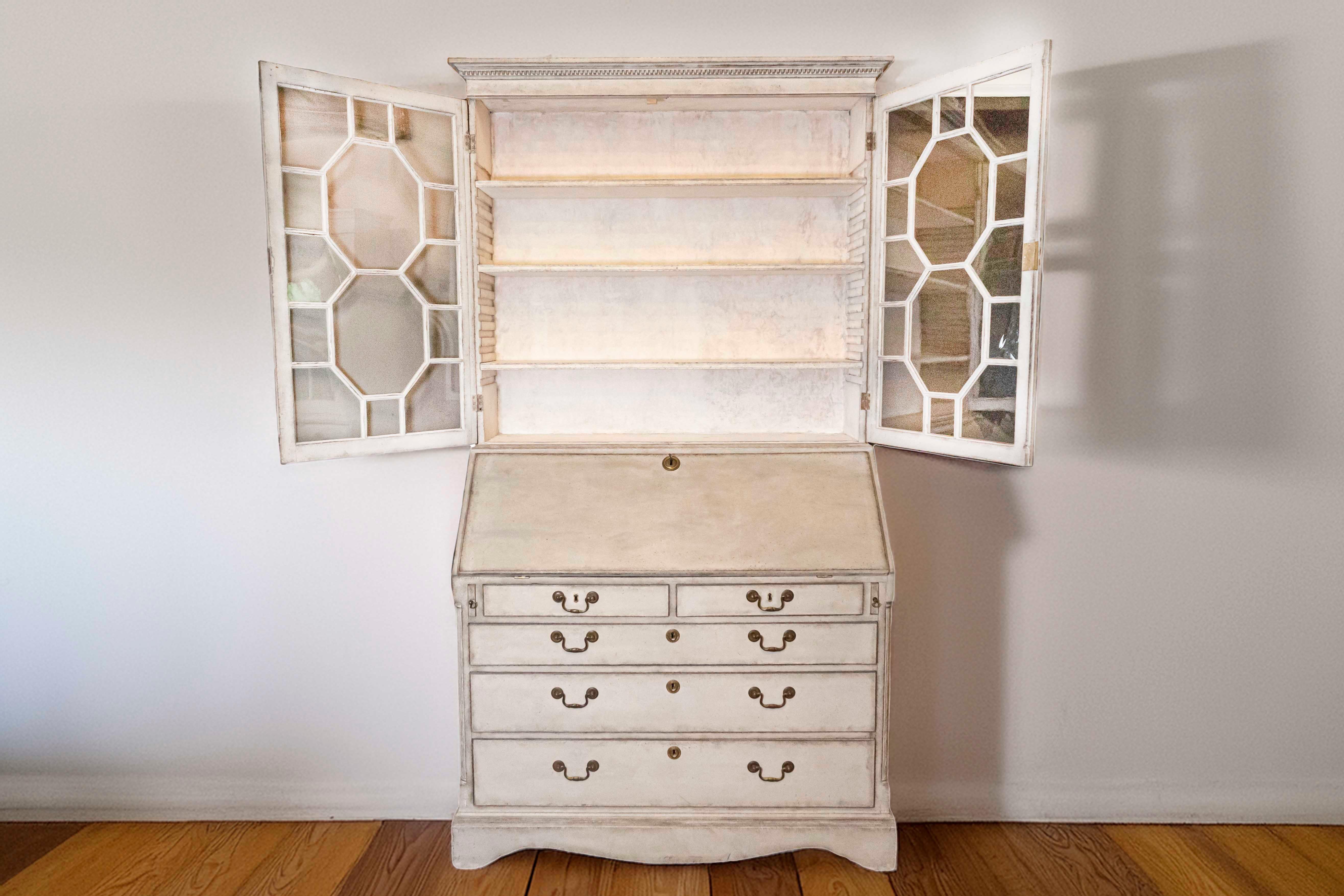Carved European 18th Century Tall Secretary with Slant Front Desk and Old Glass Doors For Sale