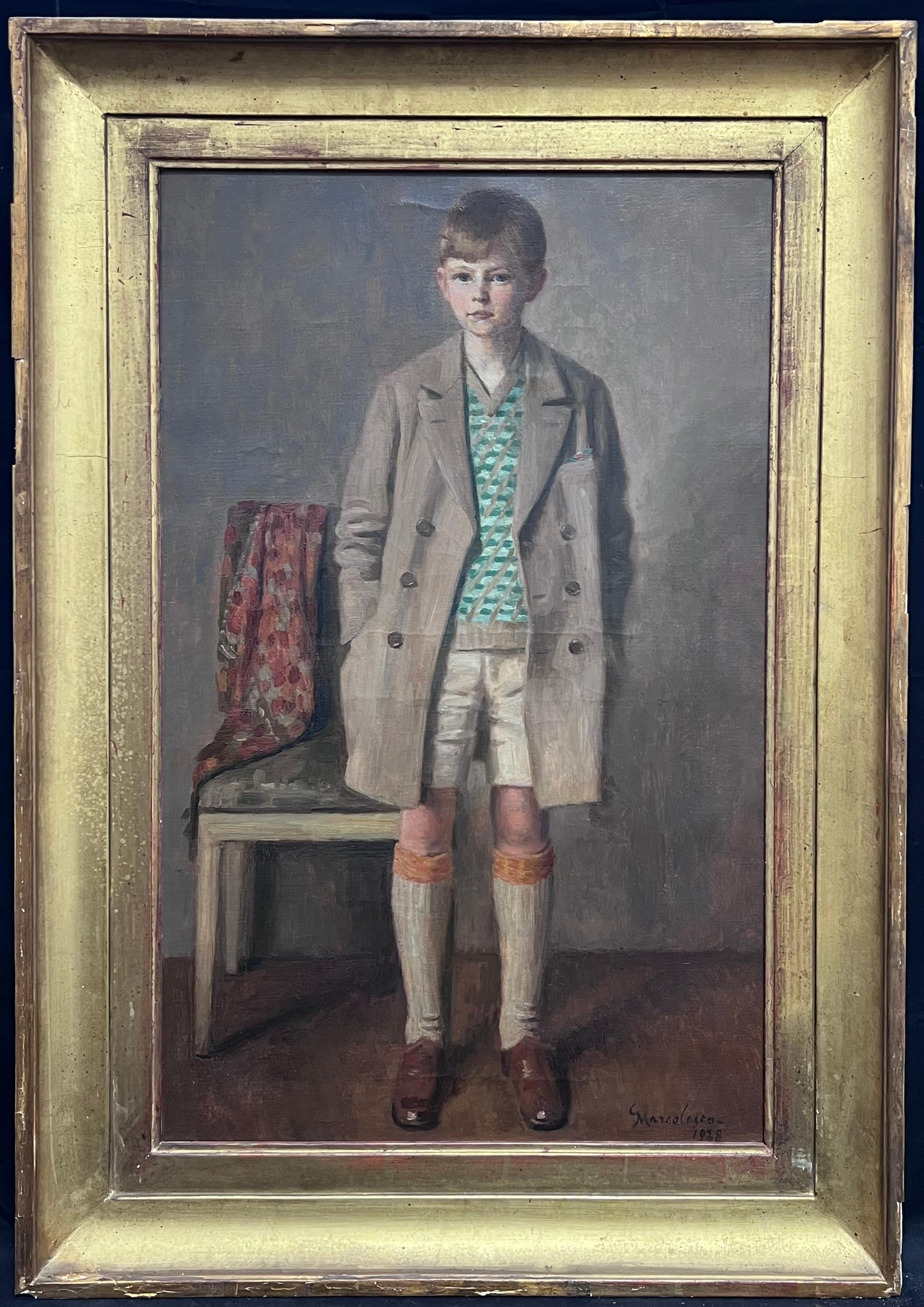 Portrait Painting di European 1920's - Grande ritratto a olio di un ragazzo in abiti d'epoca firmato e datato 1928