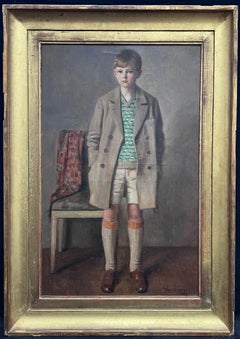 Großes Ölporträt eines jungen Jungen in Vintage-Kleidung, signiert und datiert 1928