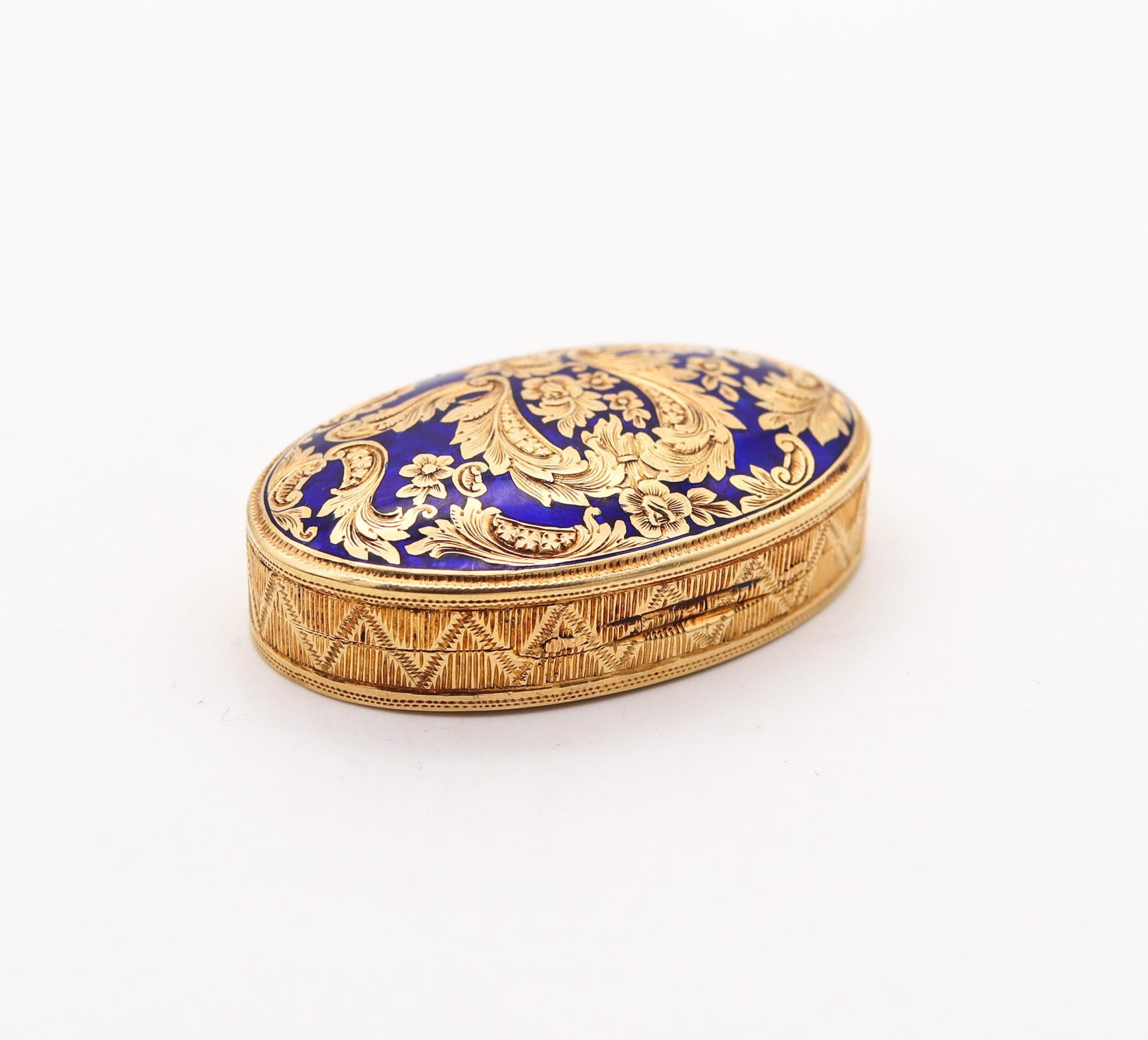 European 1930 Baroque Revival Blue Enameled Pill Box In Solid 18Kt yellow Gold In Excellent Condition For Sale In Miami, FL