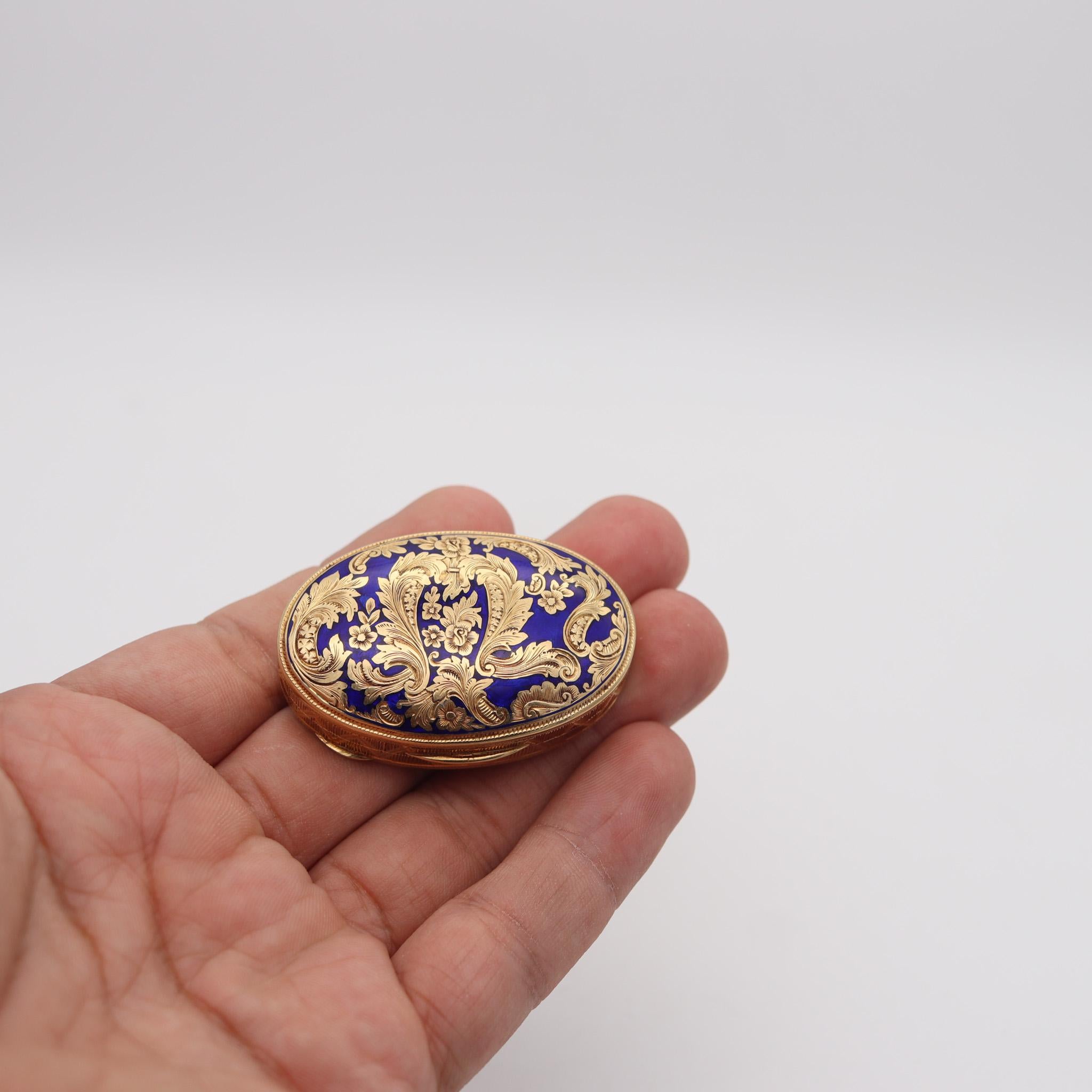 European 1930 Baroque Revival Blue Enameled Pill Box In Solid 18Kt yellow Gold For Sale 4
