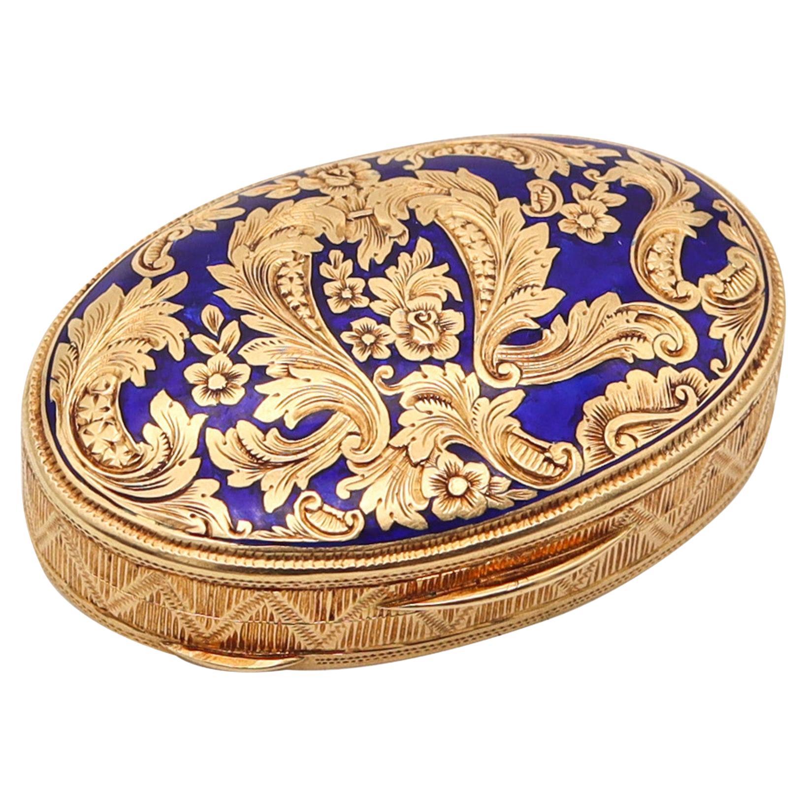 European 1930 Baroque Revival Blue Enameled Pill Box In Solid 18Kt yellow Gold