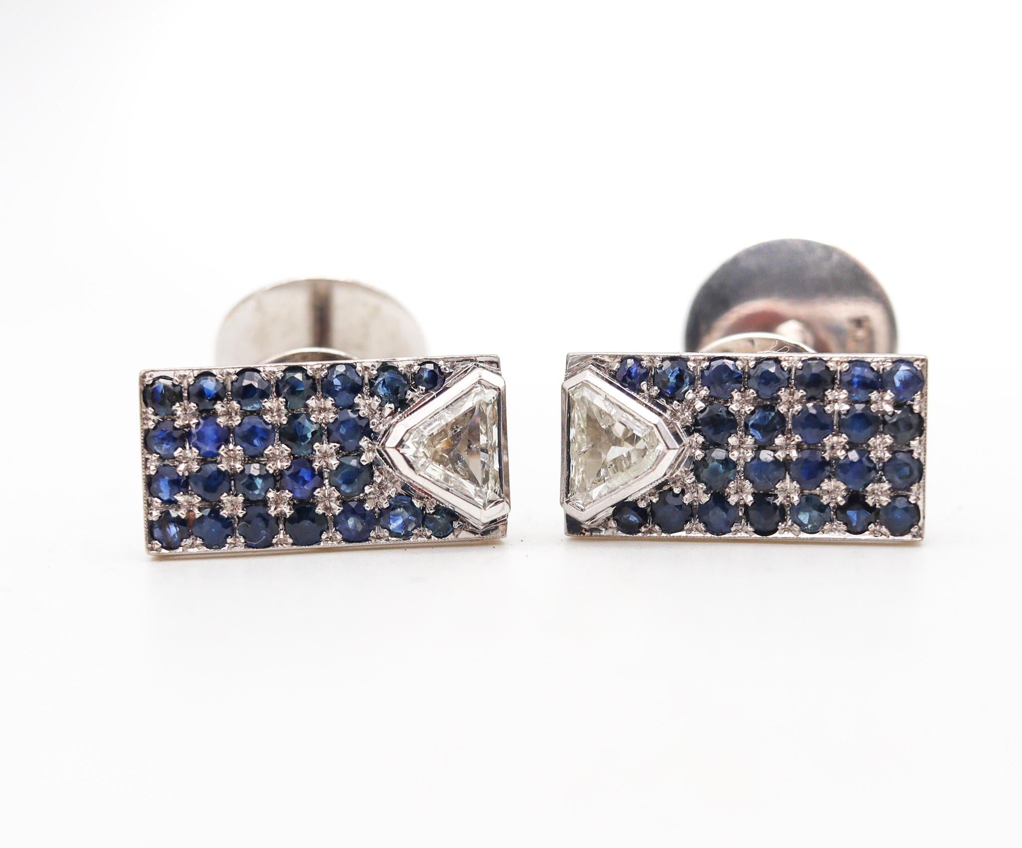 European mid century cufflinks with natural gemstones.

Very unusual and beautiful pair of cufflinks, created in Germany during the mid century period, back in the 1950's. Crafted with a rectangular shape in solid white gold of 18 karats with high
