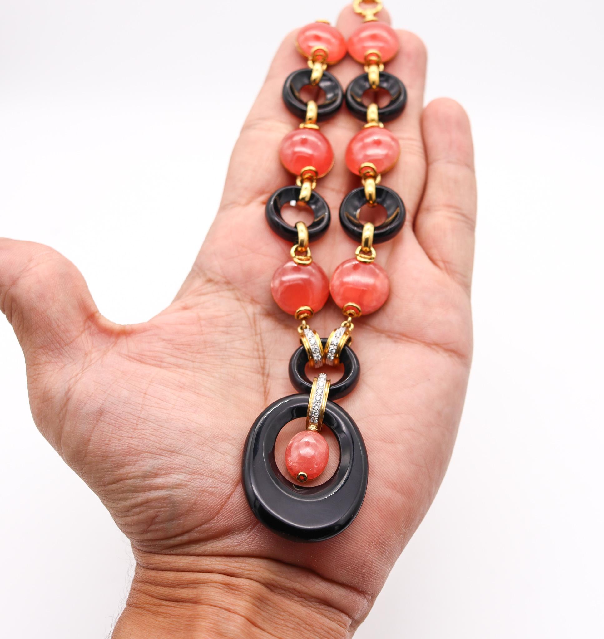 European 1970 Modernist Necklace 18Kt Gold 176.25 Ctw Rhodochrosite & Diamonds For Sale 5