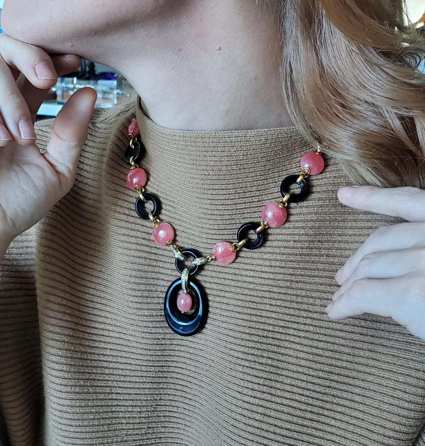Retro modernism necklace with Rhodochrosite.

Wonderful retro-modernist necklace, created around the 1970's in the northern region of Europe, most probably in Germany or the Netherlands. This colorful and elegant piece has been crafted in solid