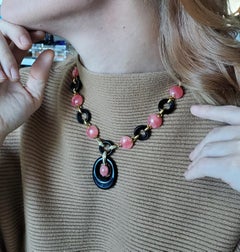 European 1970 Modernist Necklace 18Kt Gold 176.25 Ctw Rhodochrosite & Diamonds