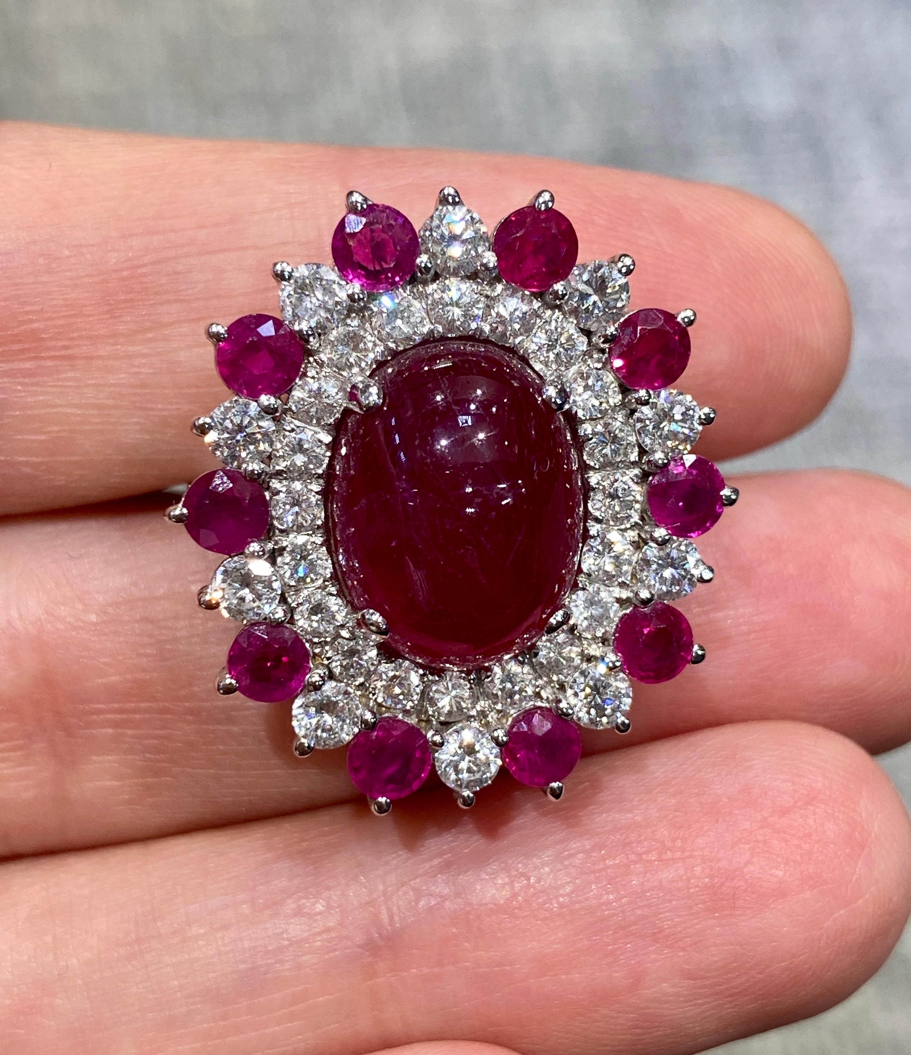 Cabochon European 1980s cabochon ruby and diamond cocktail ring For Sale
