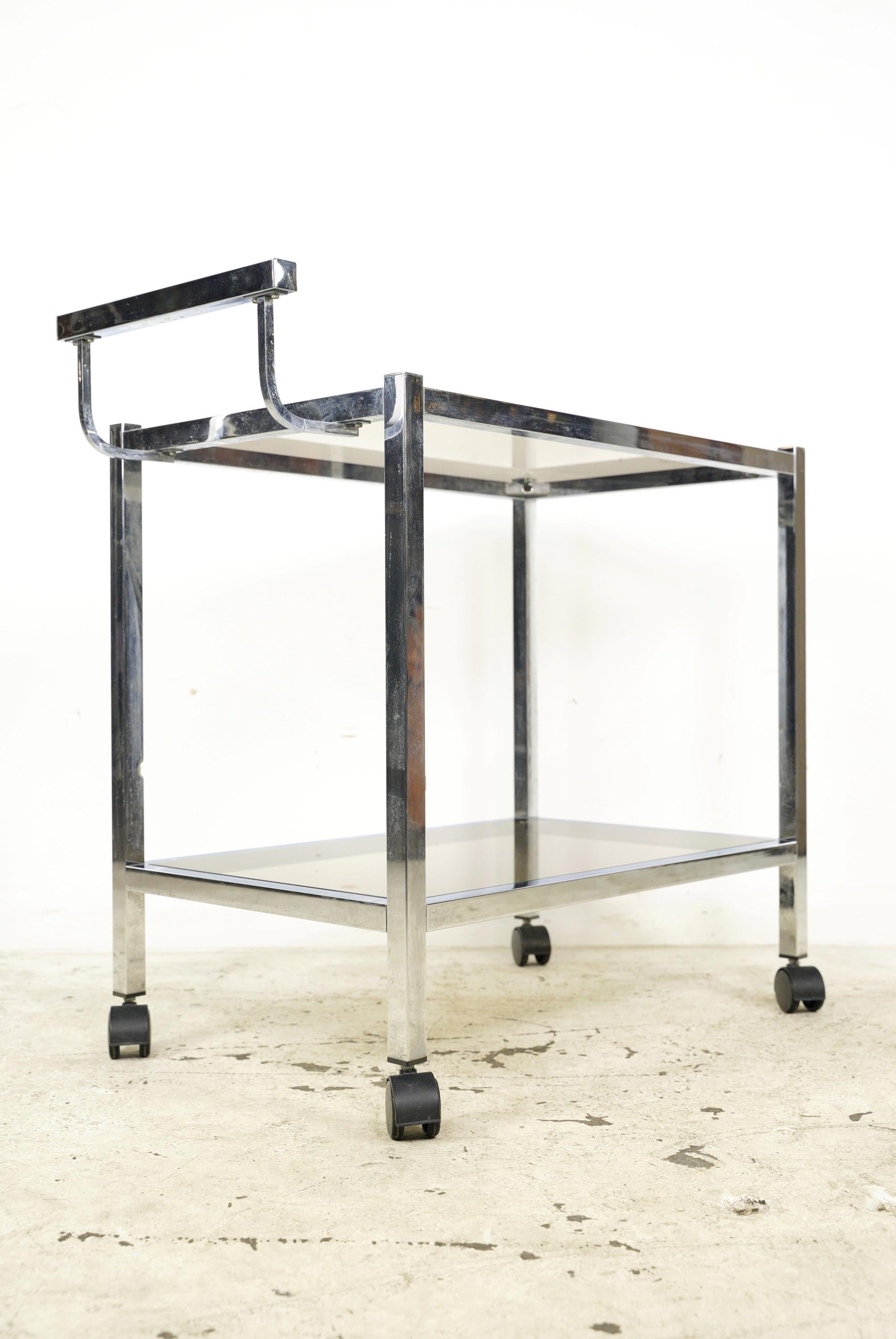 European 2 Tier Bar Cart w Dark Tinted Glass For Sale 1