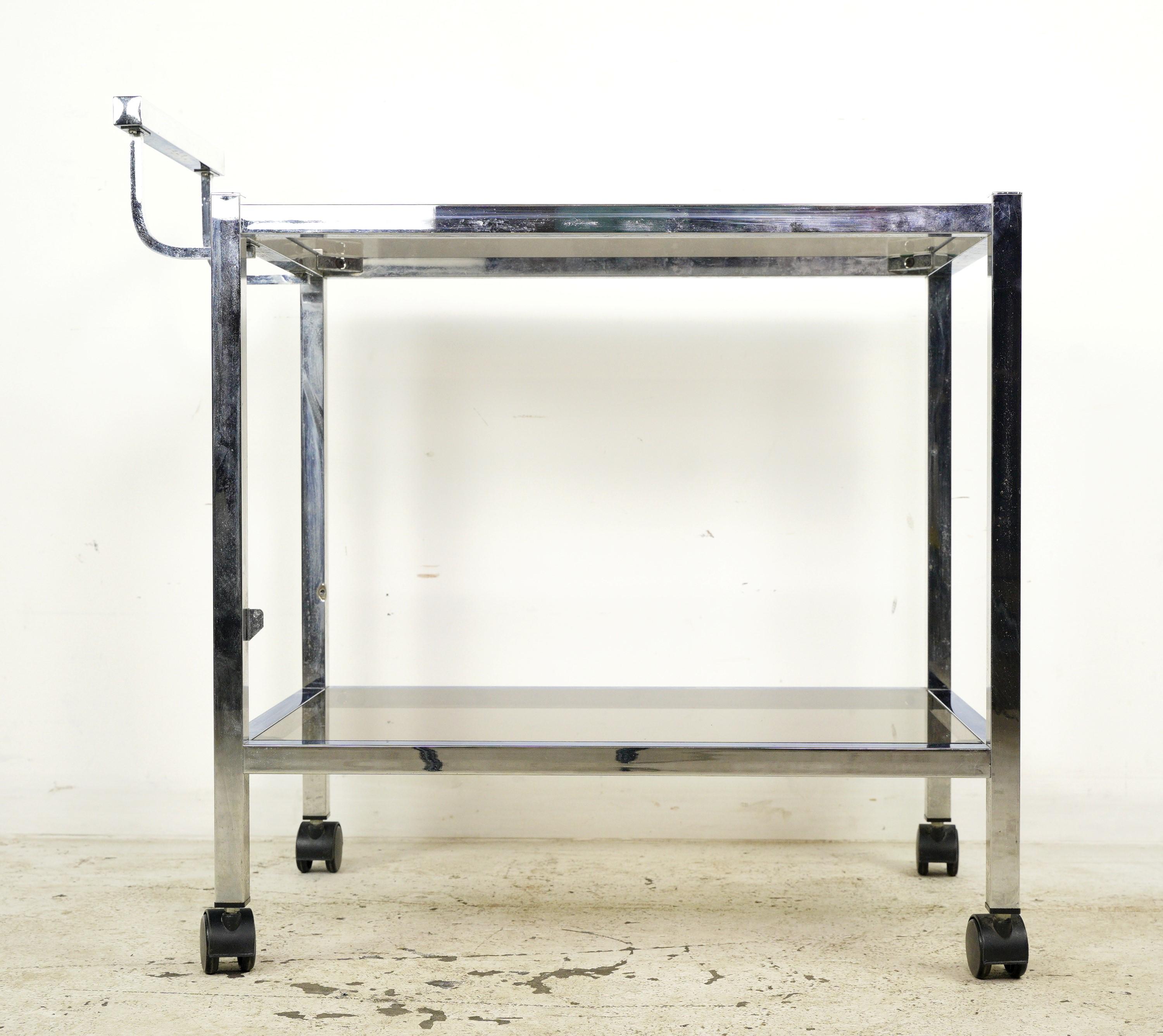European 2 Tier Bar Cart w Dark Tinted Glass For Sale 2