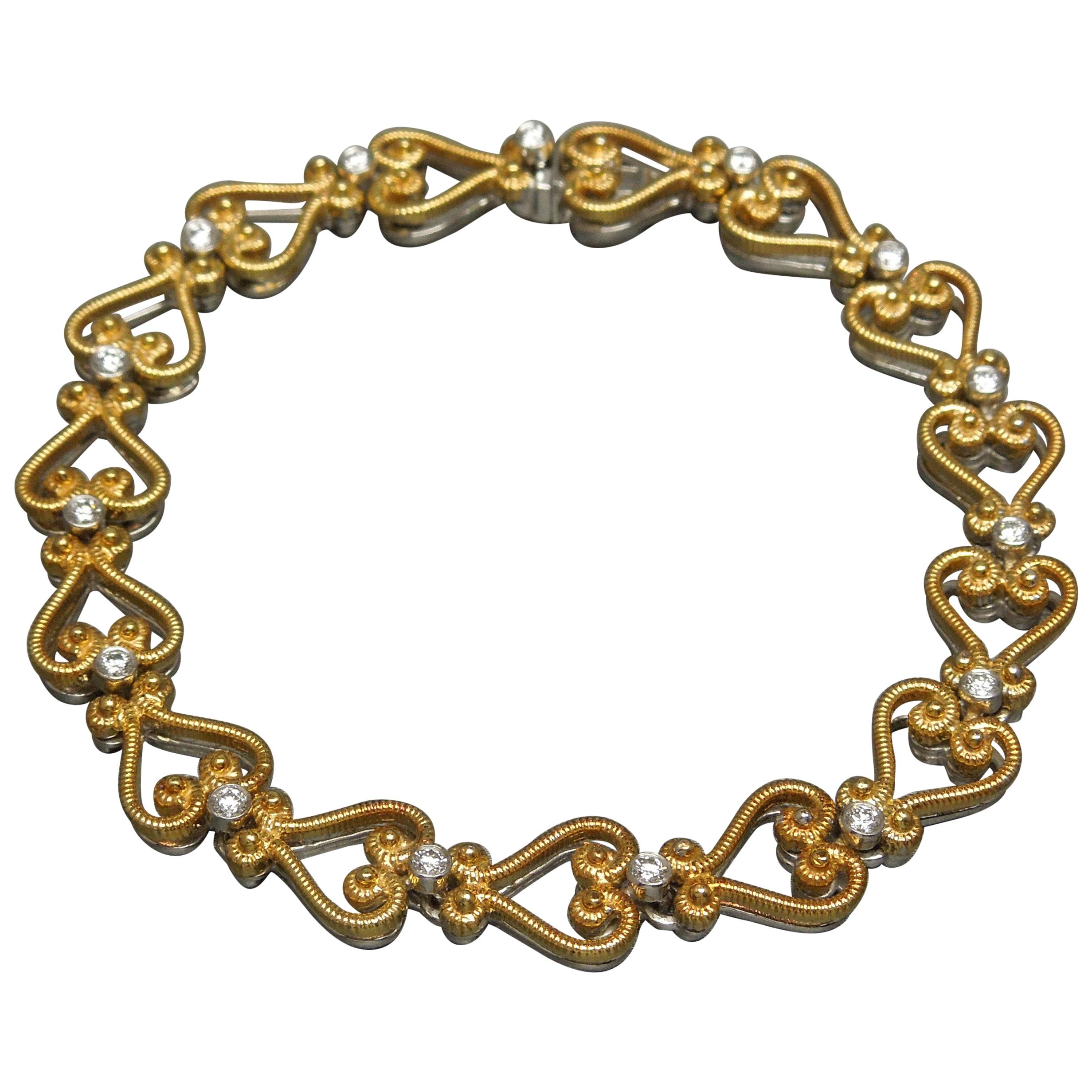 European 22 Karat Gold Bezel Diamond Eternity Heart Bracelet For Sale