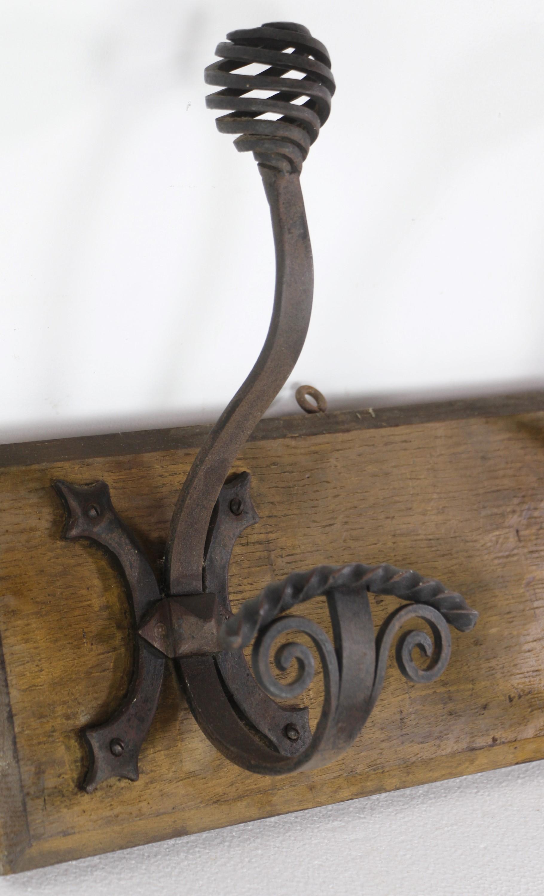 European 3 Wrought Iron Hooks Wood Mount Wall Rack In Good Condition For Sale In New York, NY