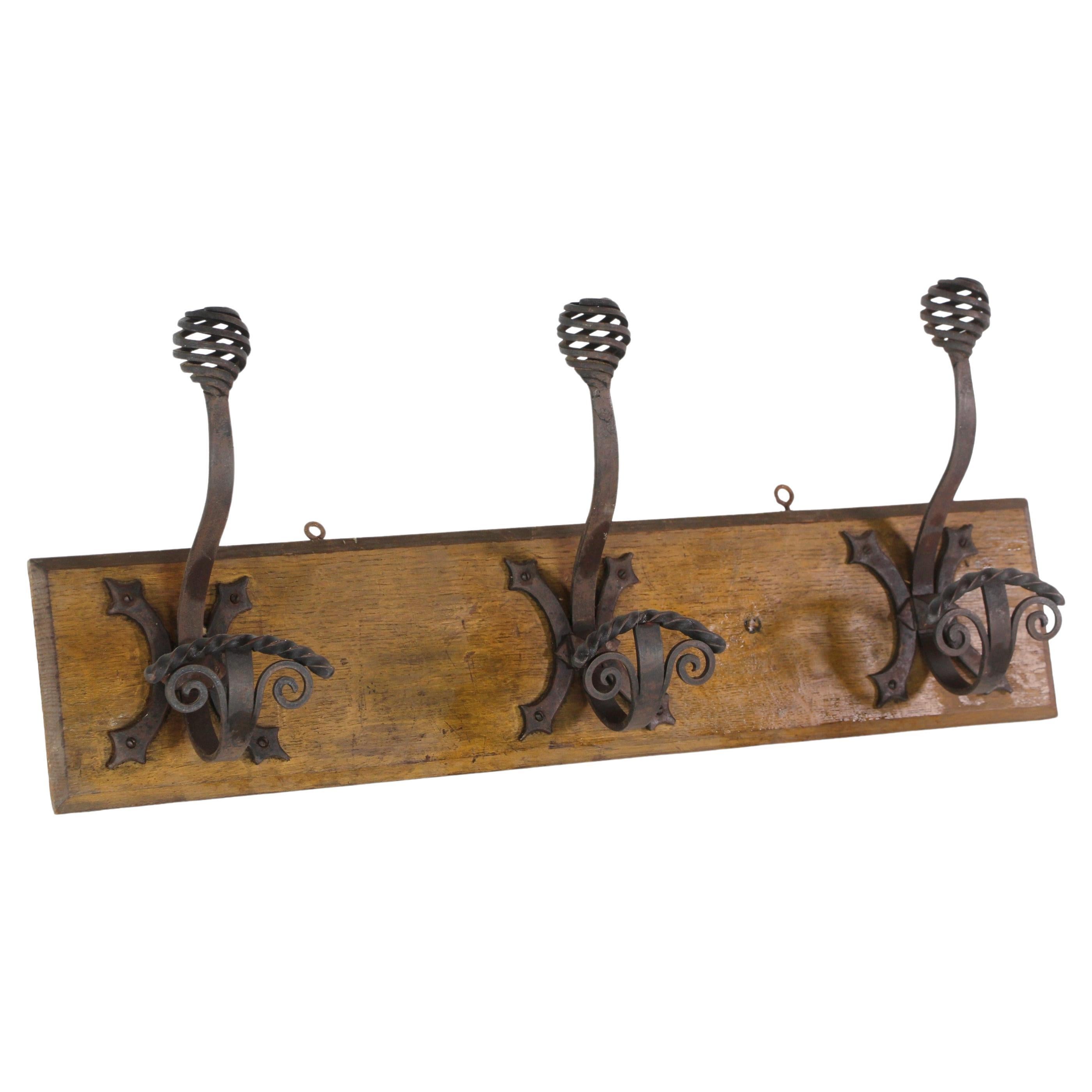 European 3 Wrought Iron Hooks Wood Mount Wall Rack For Sale