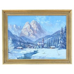 European Alps Village with Mountains Beyond Oil on Canvas Painting