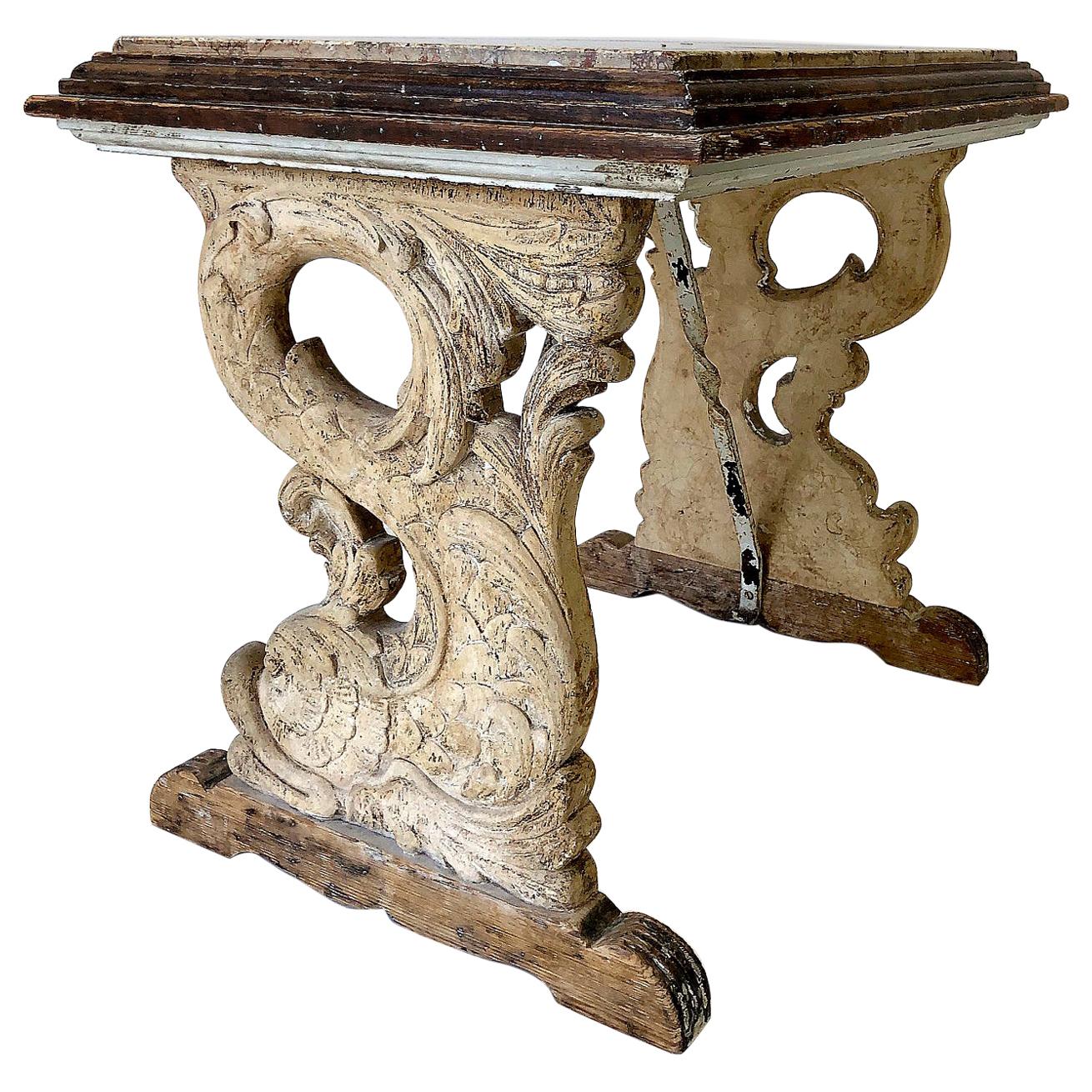 European Antique Carved Dolphins Table with Marble Top
