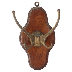 European Antique Hanging Coat Hook Wall Rack Brass and Wood
