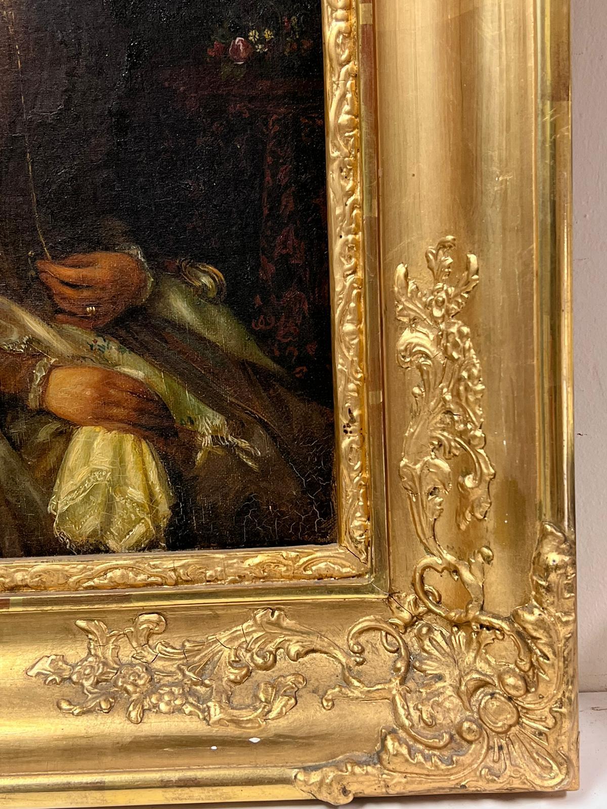 Antico ritratto europeo di una signora con scialle floreale avvolto in una cornice dorata con arco - Painting Vittoriano di European Antique