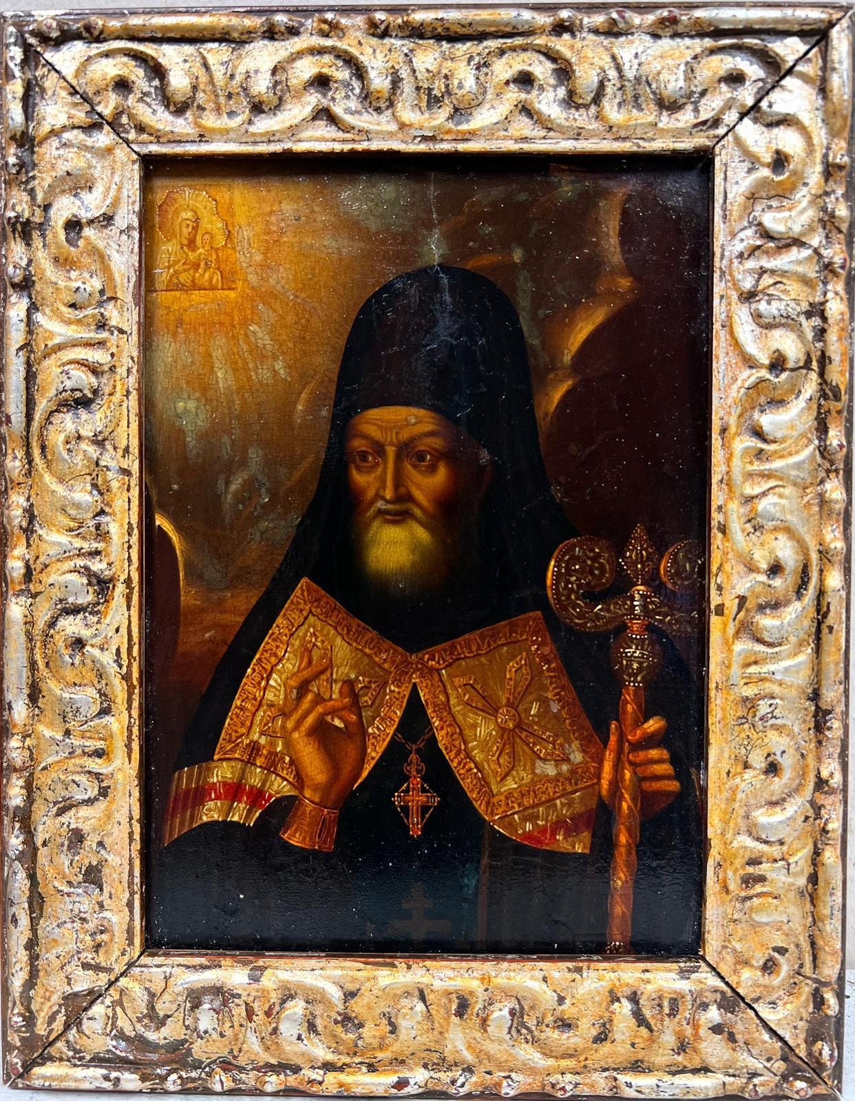 Peinture à l'huile ancienne - Figure religieuse européenne  - Painting de European Antique