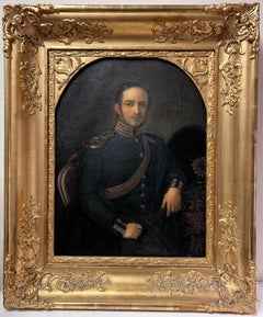 Fine Antique European Military Portrait of Officer in Arched Topped Gilt Frame