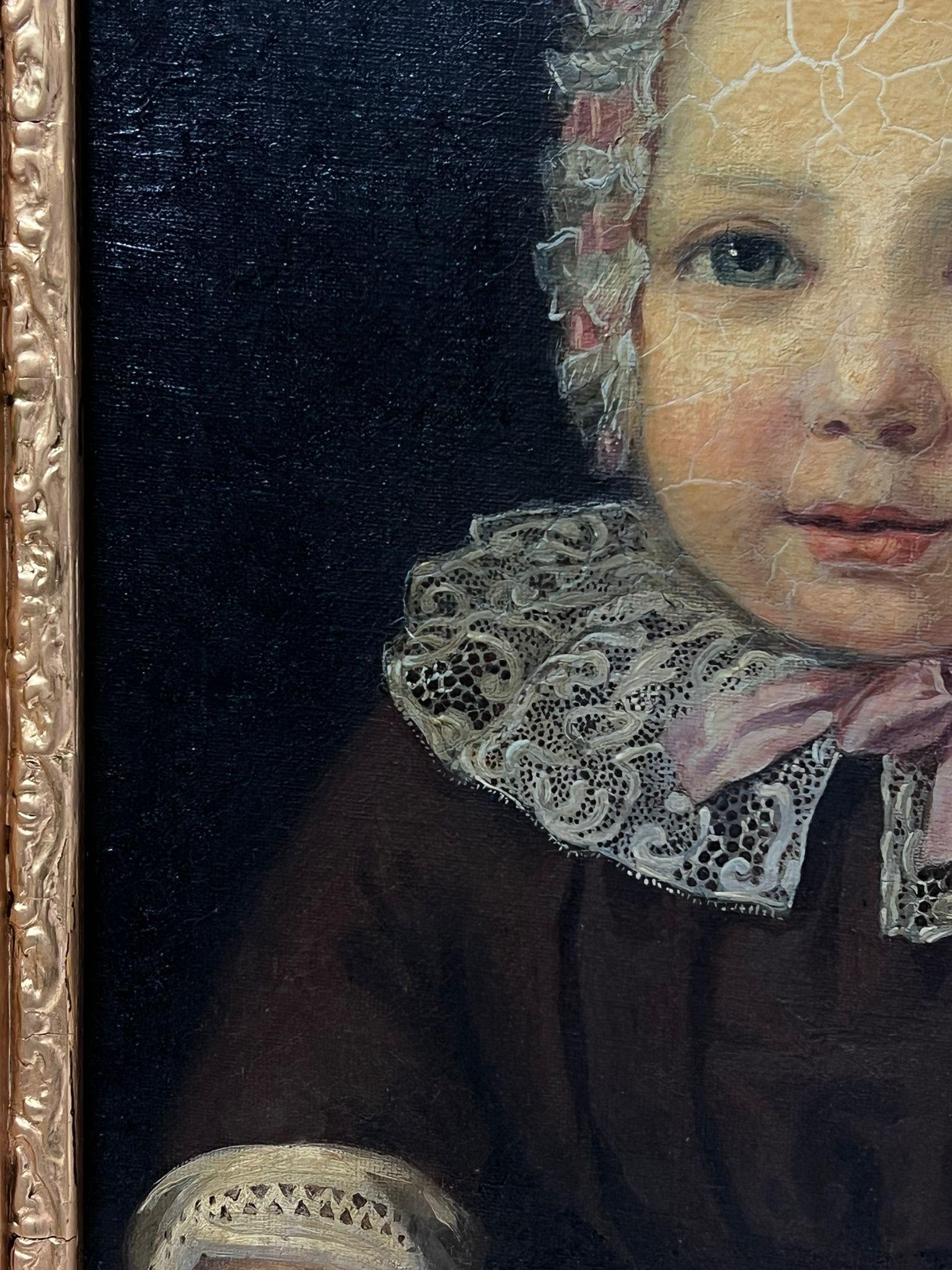 Portrait of Young Child Antique European Oil Painting Fine Gilt Frame For Sale 1