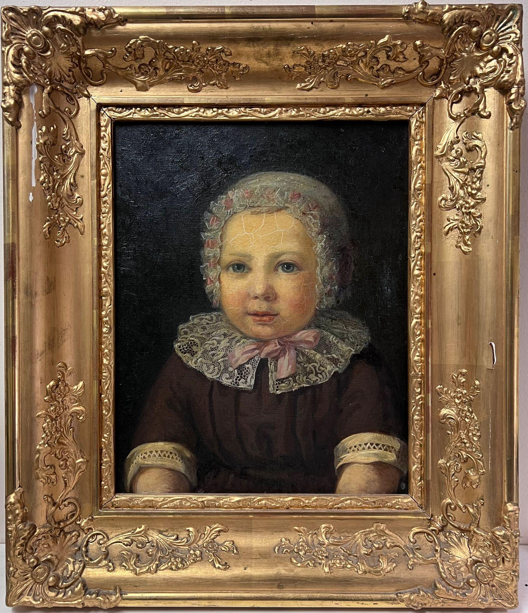 Portrait of Young Child Antique European Oil Painting Fine Gilt Frame