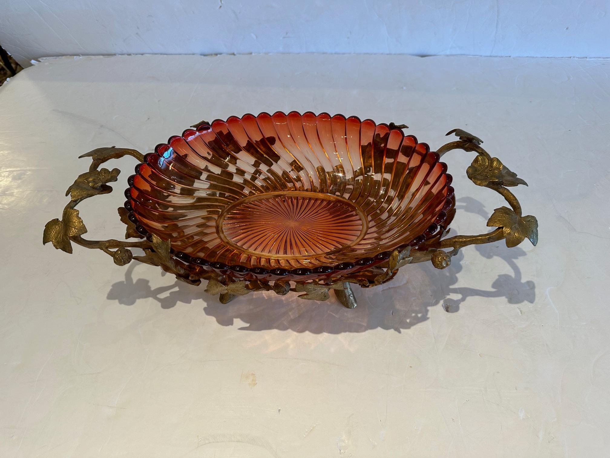 Art Glass European Antique Ruby Glass & Iron Compote Bowl For Sale