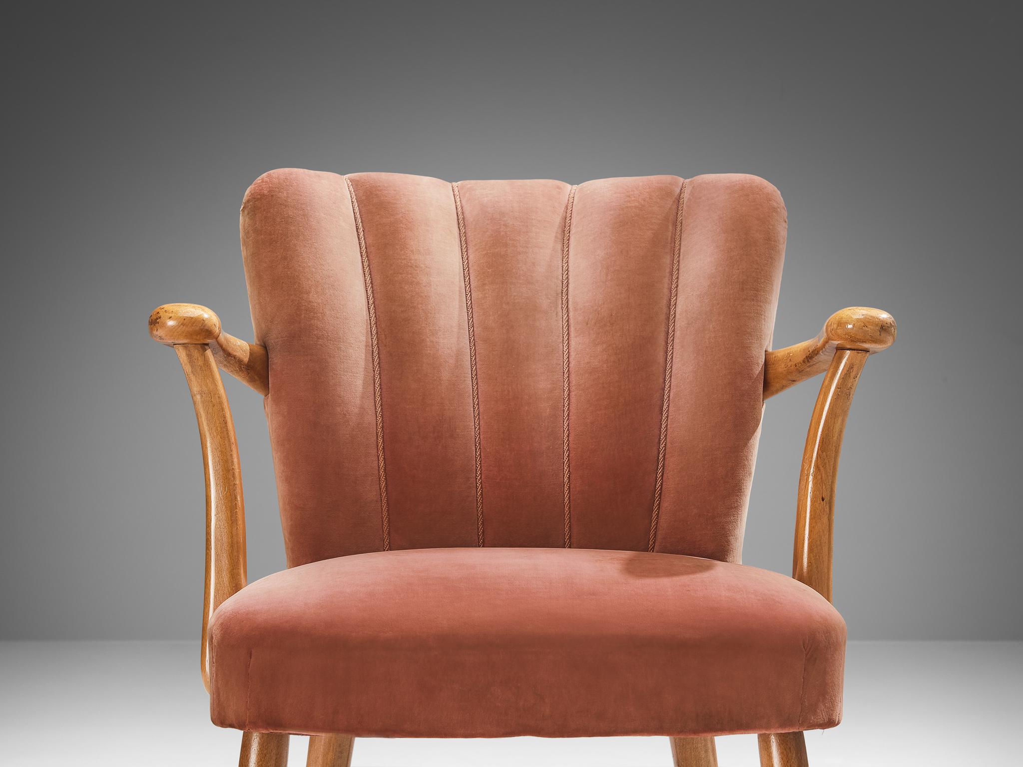 Mid-Century Modern European Armchair in Soft Pink Velvet Upholstery and Wood  For Sale