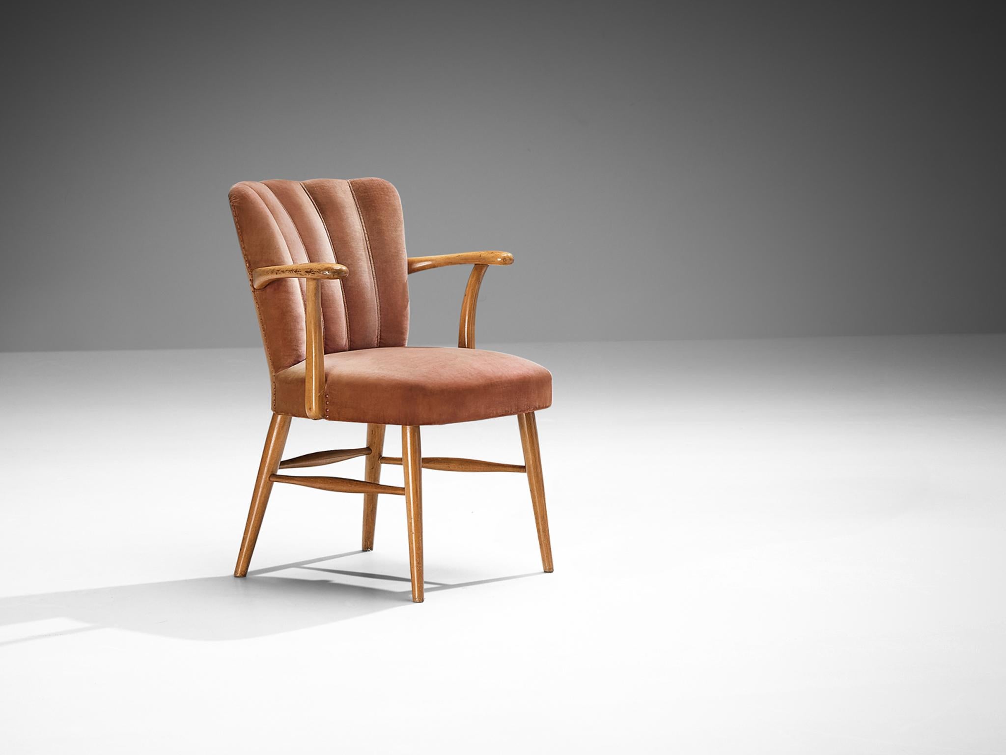 Brass European Armchair in Soft Pink Velvet Upholstery and Wood For Sale