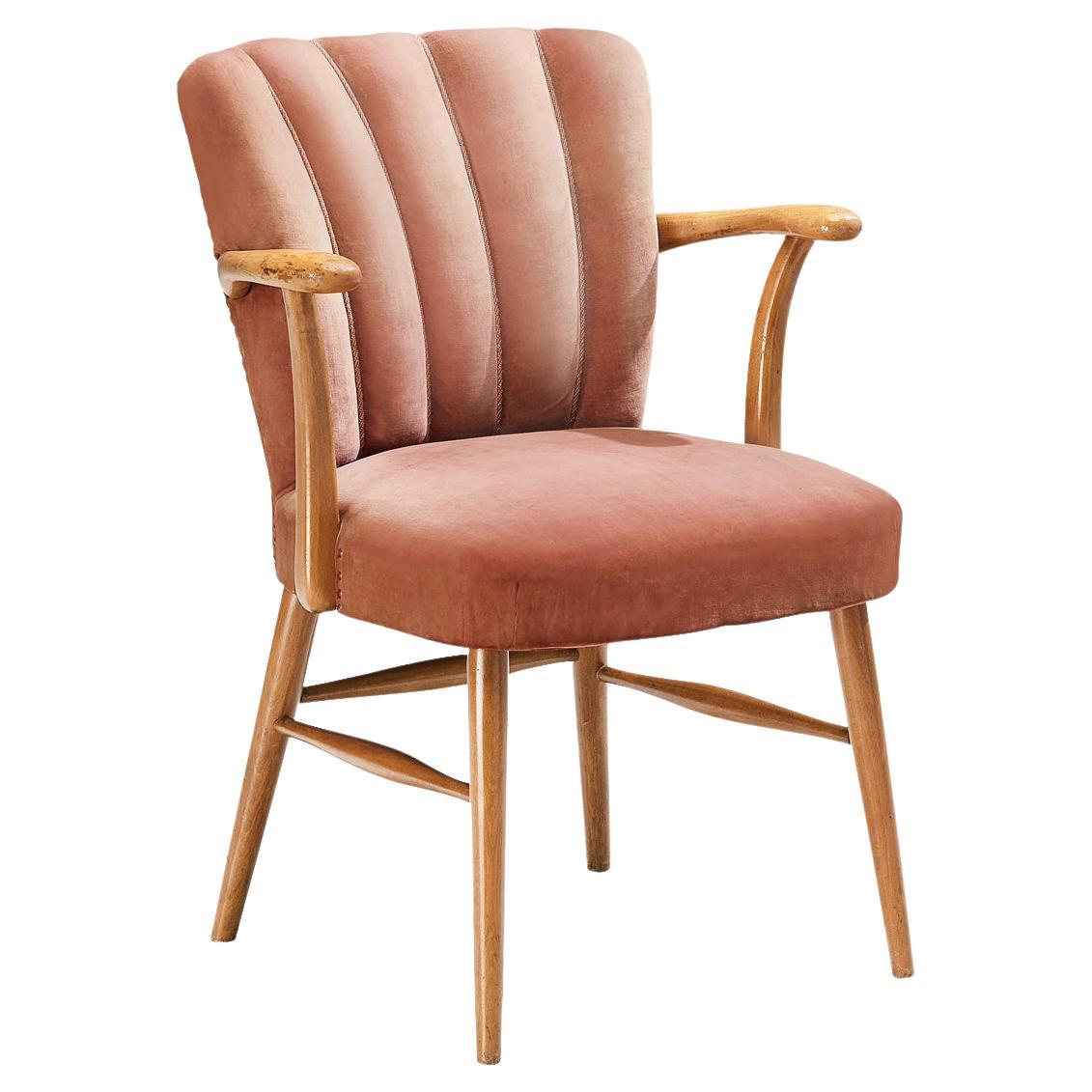 European Armchair in Soft Pink Velvet Upholstery and Wood  For Sale